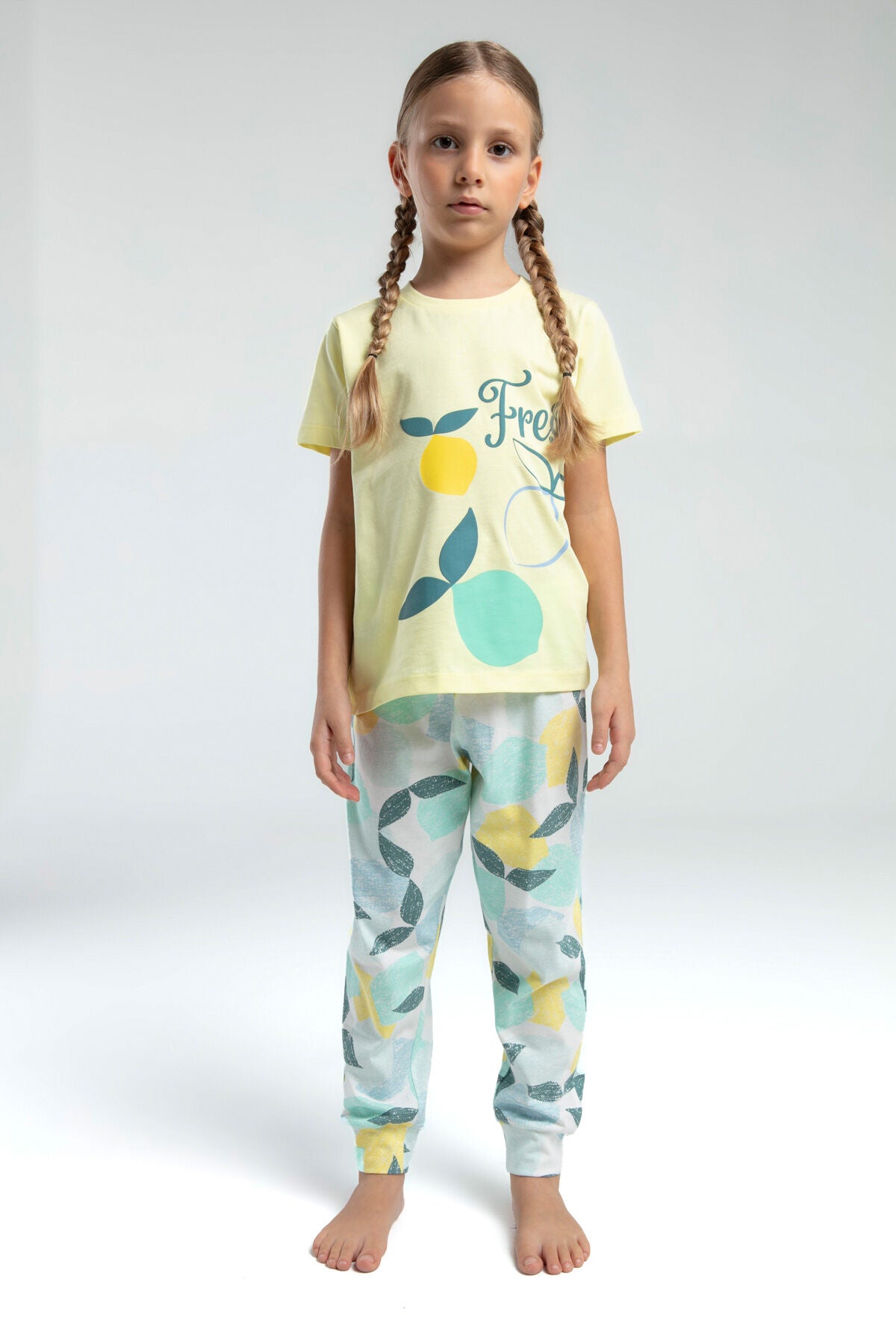Rolypoly Kız Çocuk Bisiklet Yaka Pigment Baskılı Yazlık Regular Fit Sarı Pijama Takımı RP3617-C-V1