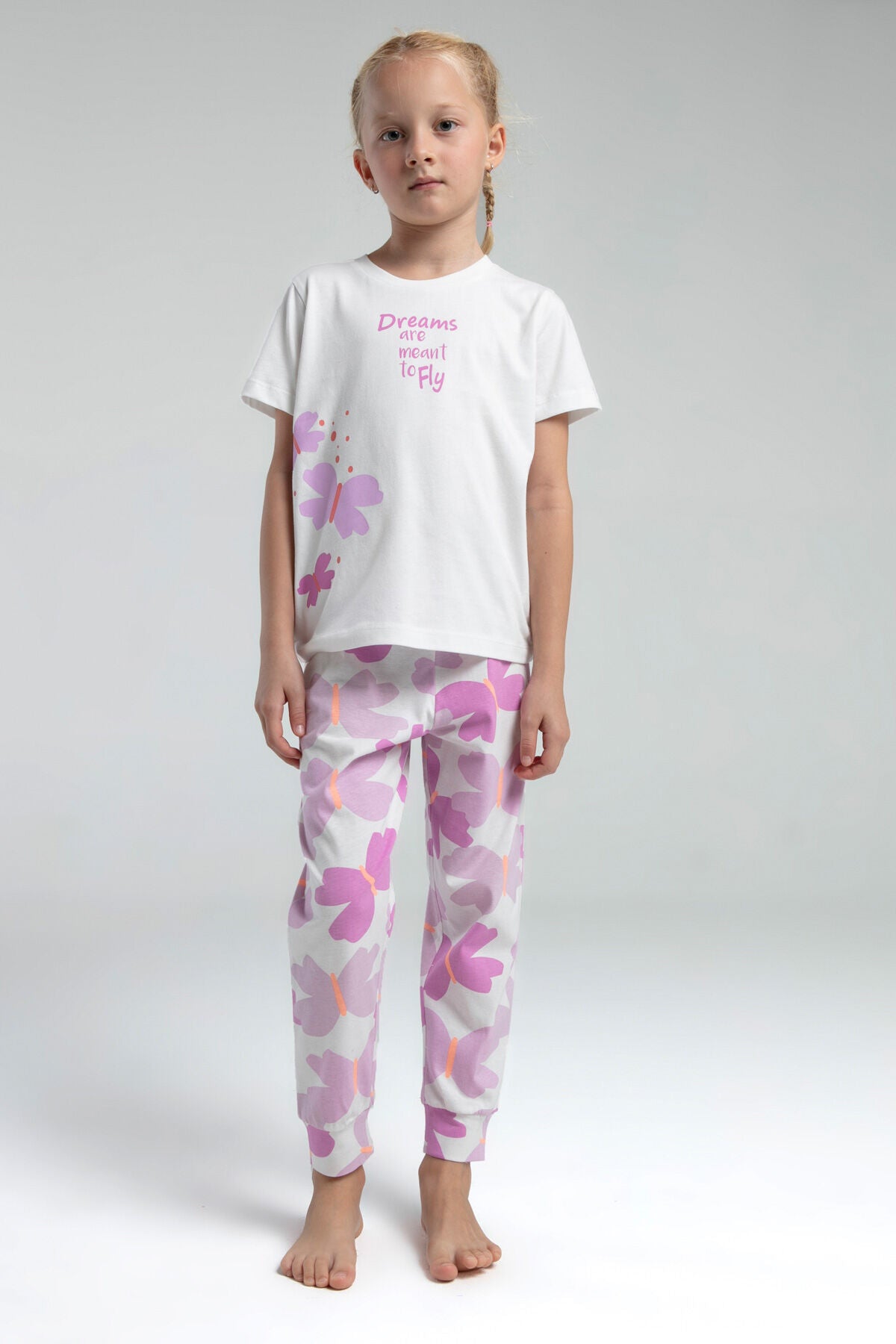 Rolypoly Kız Çocuk Bisiklet Yaka Pigment Baskılı Yazlık Regular Fit Beyaz Pijama Takımı RP3597-C-V1