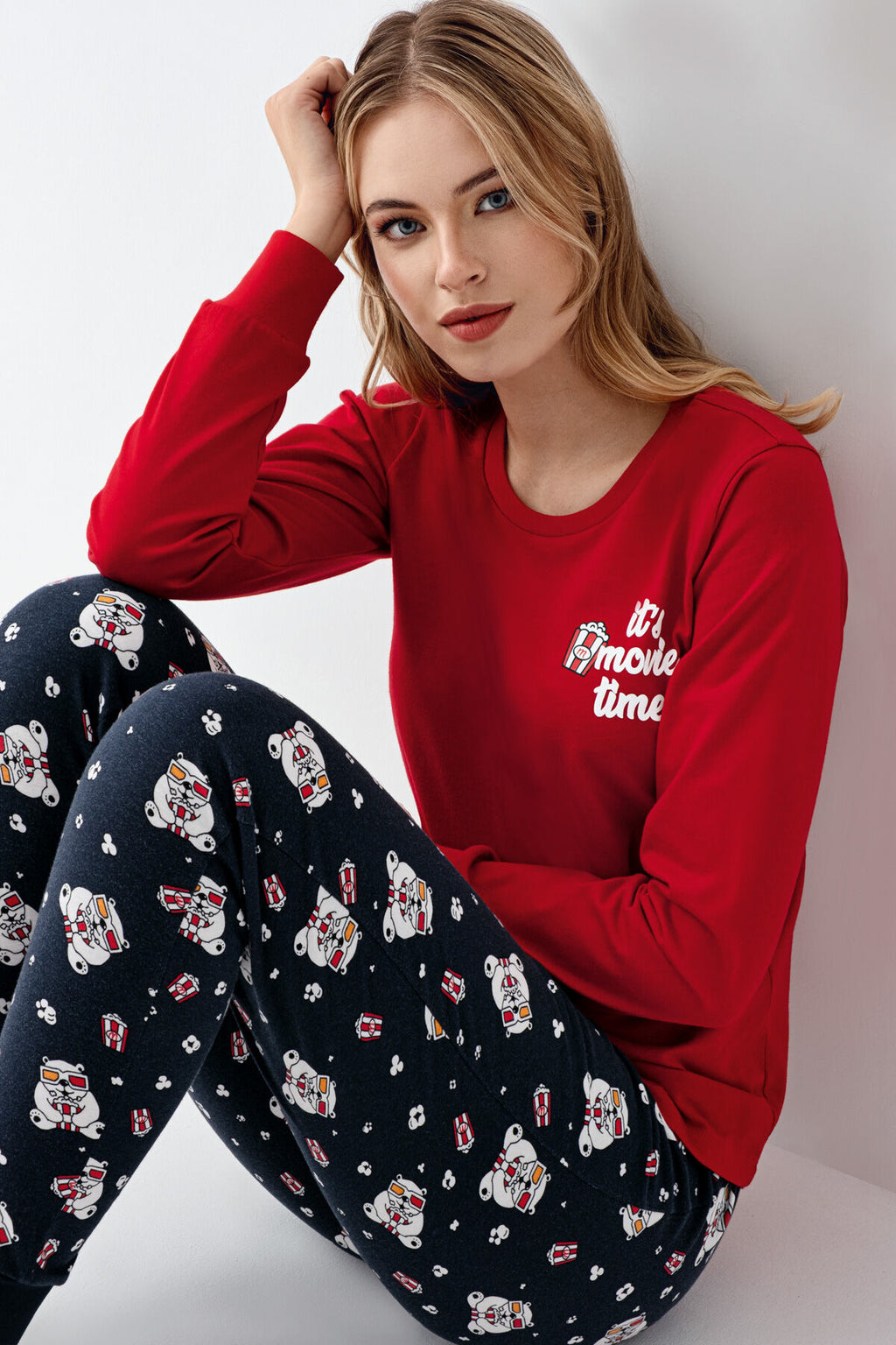 Rolypoly Kadın Bisiklet Yaka Pigment Baskılı Kışlık Regular Fit Kırmızı Pijama Takımı RP3678-S-V1
