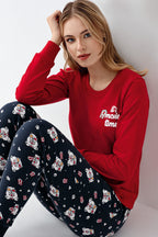 Rolypoly Kadın Bisiklet Yaka Pigment Baskılı Kışlık Regular Fit Kırmızı Pijama Takımı RP3678-S-V1