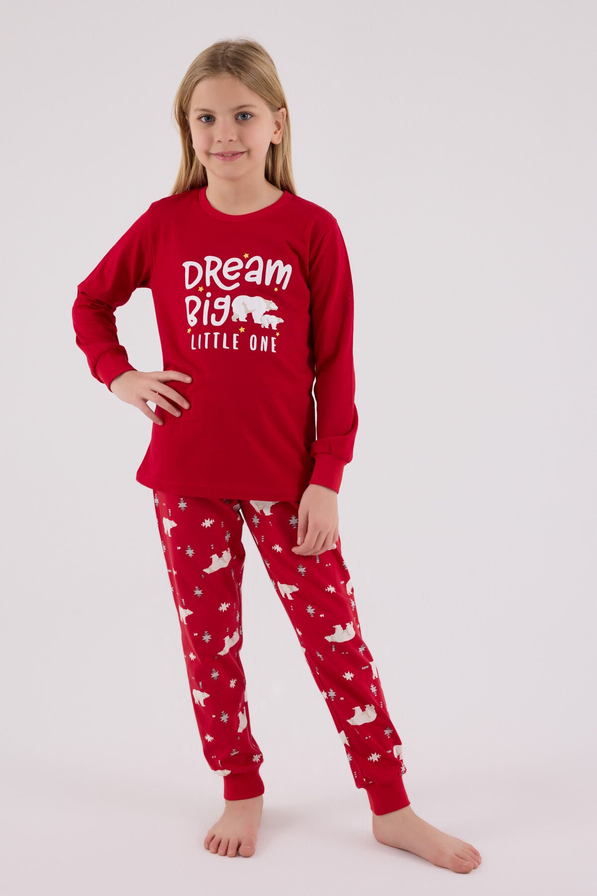 Rolypoly Kız Çocuk Bisiklet Yaka Pigment Baskılı Kışlık Regular Fit Kırmızı Pijama Takımı RP3717-C-V1