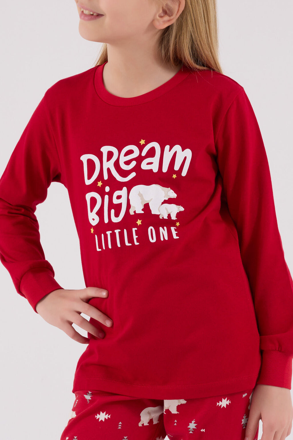 Rolypoly Kız Çocuk Bisiklet Yaka Pigment Baskılı Kışlık Regular Fit Kırmızı Pijama Takımı RP3717-C-V1