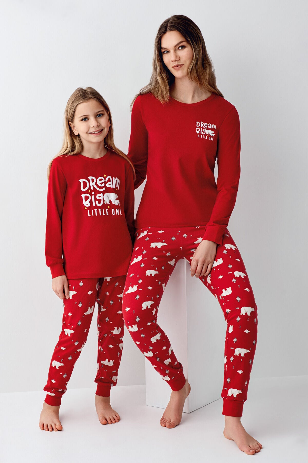 Rolypoly Kız Çocuk Bisiklet Yaka Pigment Baskılı Kışlık Regular Fit Kırmızı Pijama Takımı RP3717-C-V1