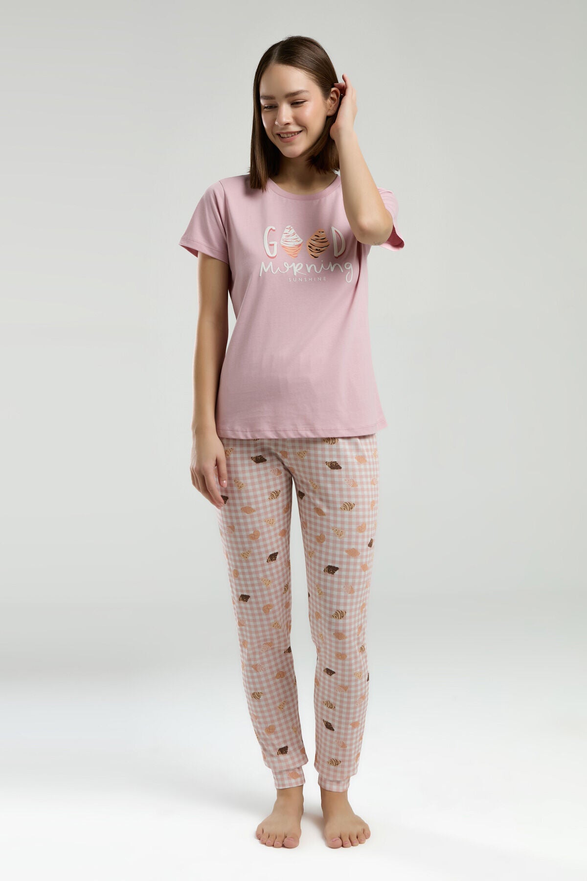 Rolypoly Kadın Bisiklet Yaka Pigment Baskılı Yazlık Regular Fit Pembe Pijama Takımı RP3587-S-V1 Ürün ikincil görseli