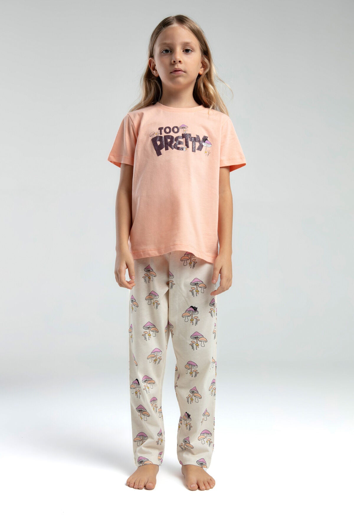 Rolypoly Kız Çocuk Bisiklet Yaka Pigment Baskılı Yazlık Regular Fit Turuncu Pijama Takımı RP3585-C-V1