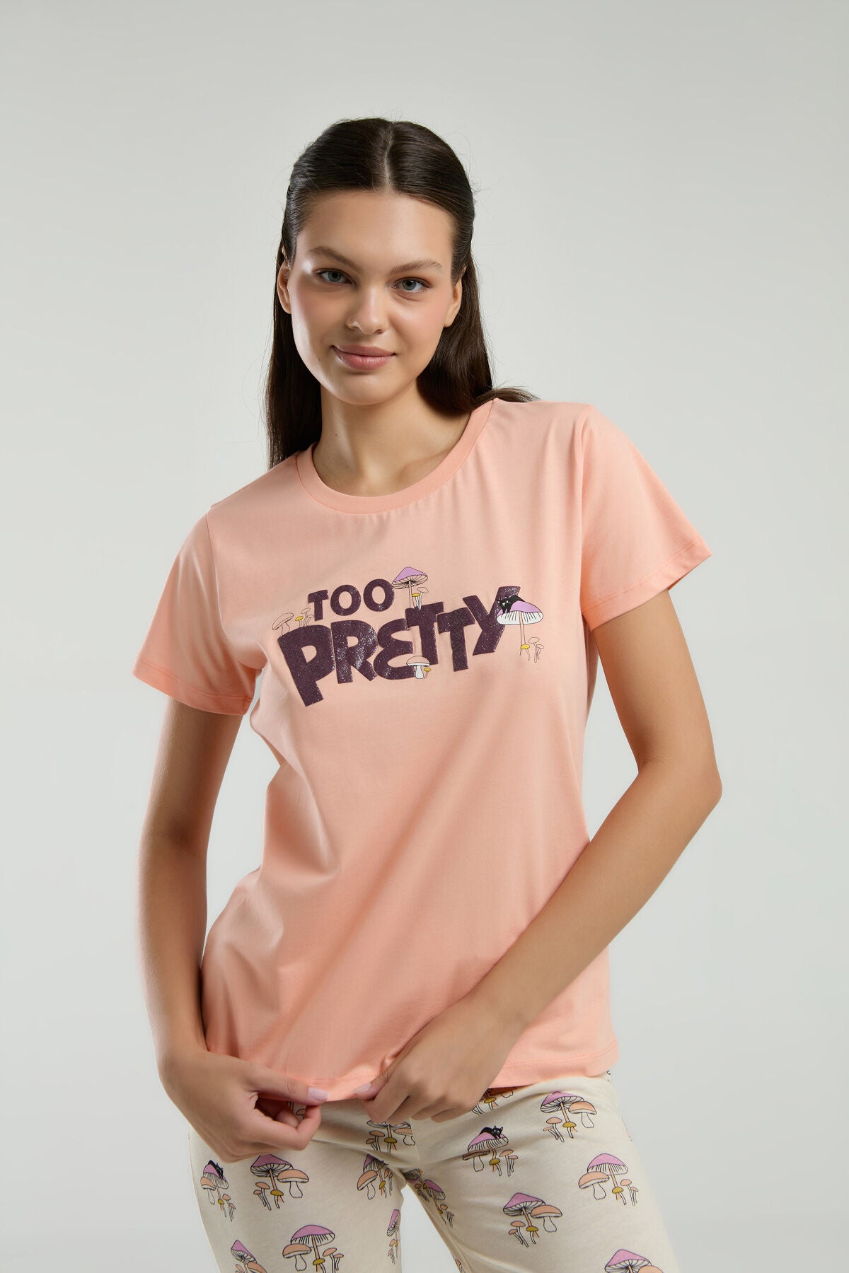Rolypoly Kadın Bisiklet Yaka Pigment Baskılı Yazlık Regular Fit Turuncu Pijama Takımı RP3585-S-V1
