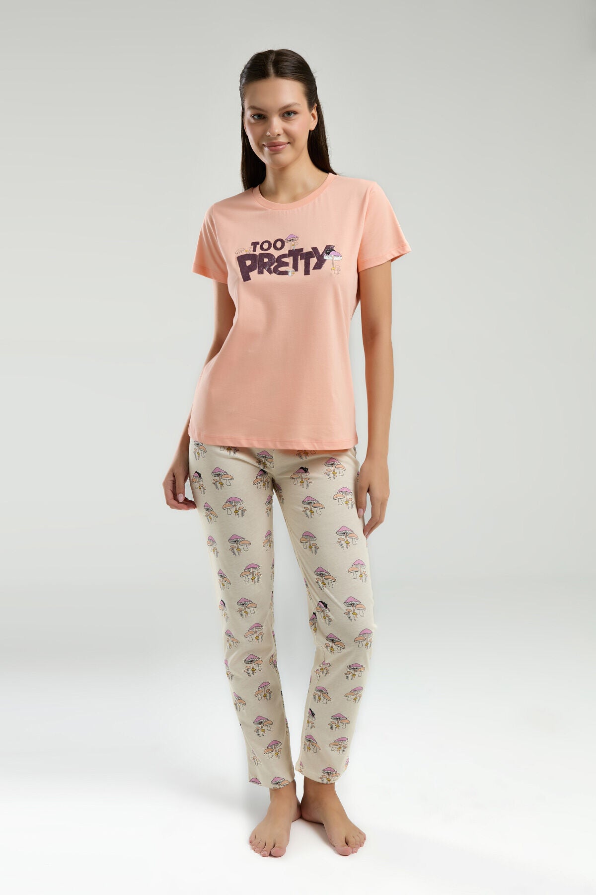 Rolypoly Kadın Bisiklet Yaka Pigment Baskılı Yazlık Regular Fit Turuncu Pijama Takımı RP3585-S-V1 Ürün ikincil görseli