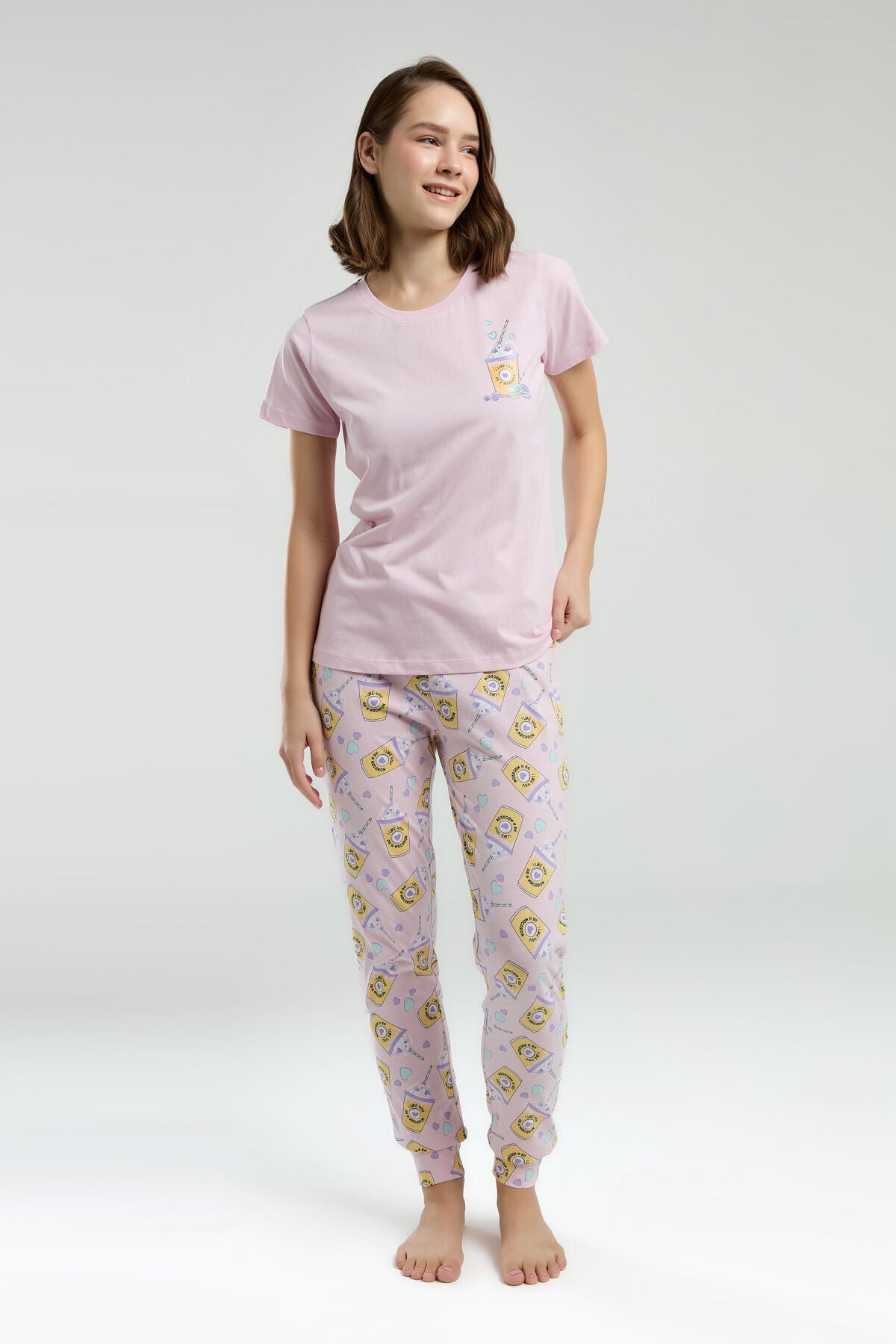 Rolypoly Kadın Bisiklet Yaka Pigment Baskılı Yazlık Regular Fit Pembe Pijama Takımı RP3625-S-V1 Ürün ikincil görseli