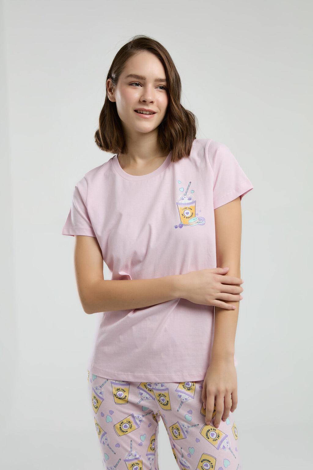 Rolypoly Kadın Bisiklet Yaka Pigment Baskılı Yazlık Regular Fit Pembe Pijama Takımı RP3625-S-V1