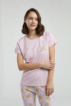 Rolypoly Kadın Bisiklet Yaka Pigment Baskılı Yazlık Regular Fit Pembe Pijama Takımı RP3625-S-V1