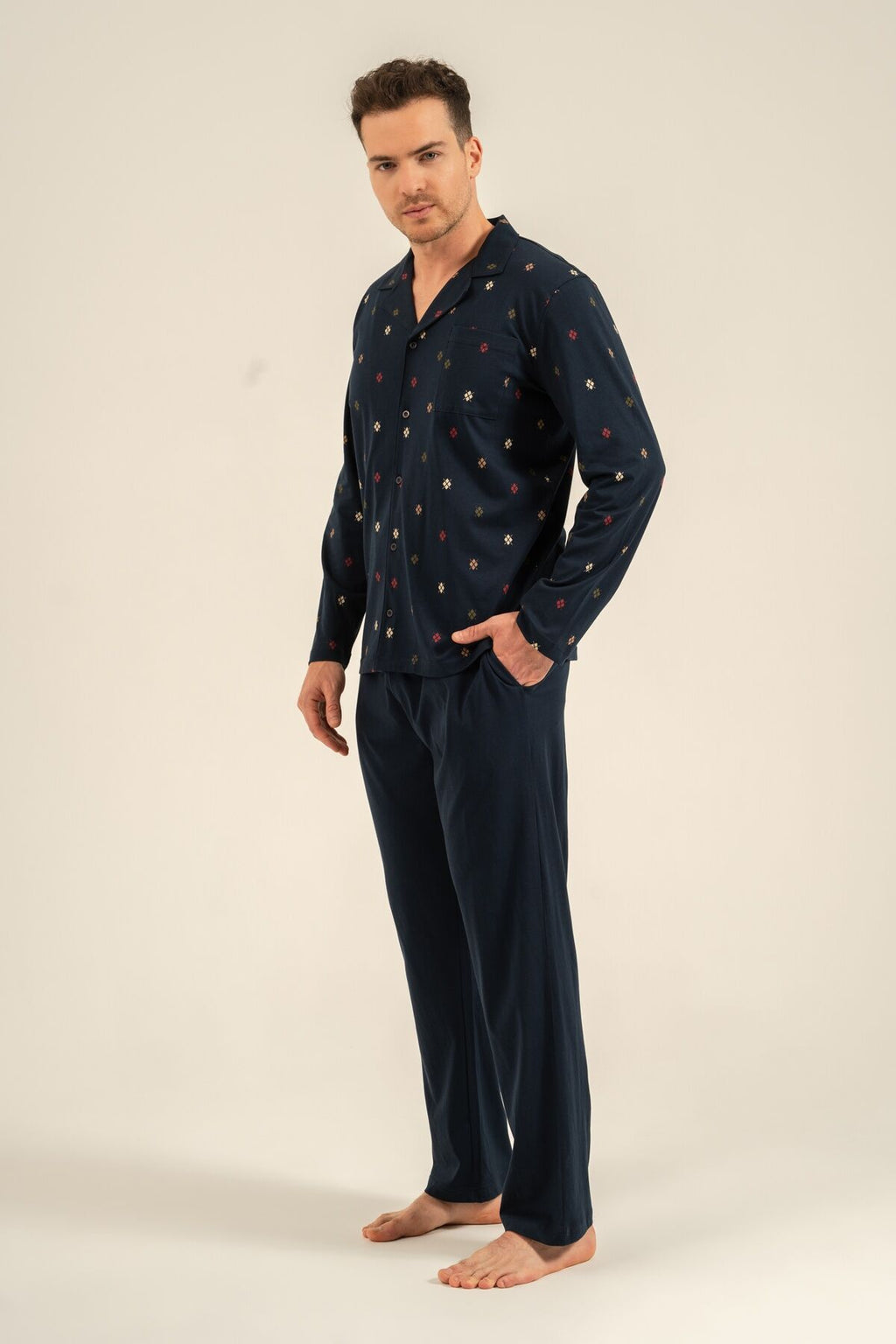 Arnetta Erkek Desenli Lacivert Gömlek Pijama Takımı AR3854-S-V1