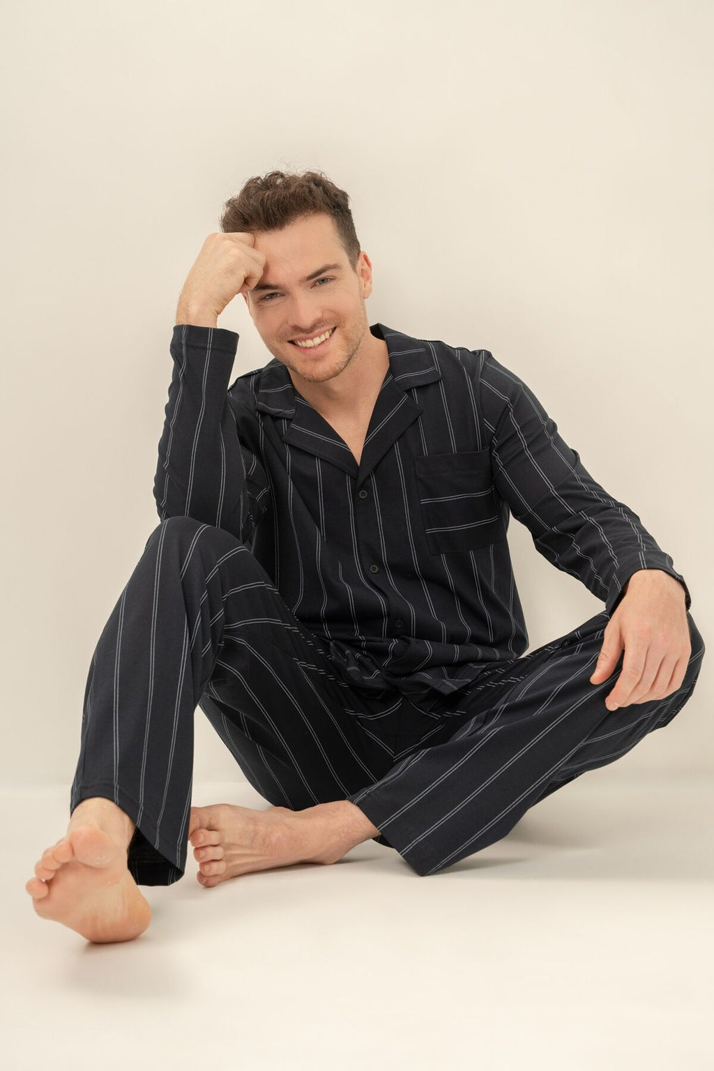 Arnetta Erkek Lacivert Çizgili Gömlek Pijama Takımı AR3830-S-V1