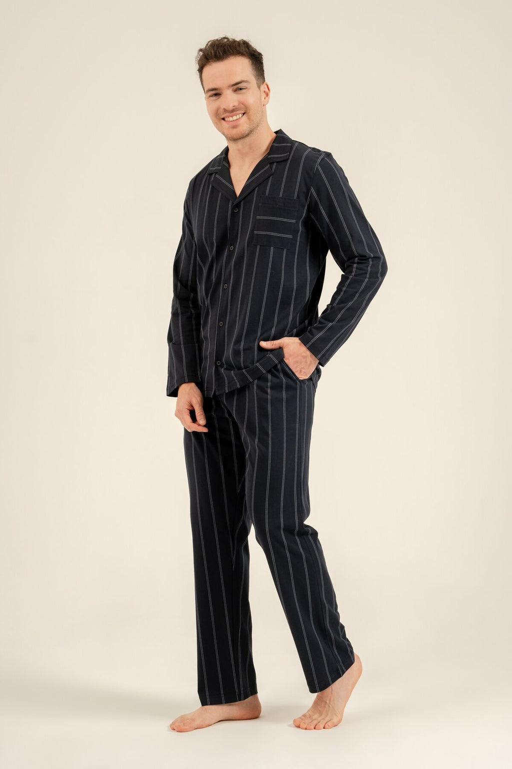 Arnetta Erkek Lacivert Çizgili Gömlek Pijama Takımı AR3830-S-V1