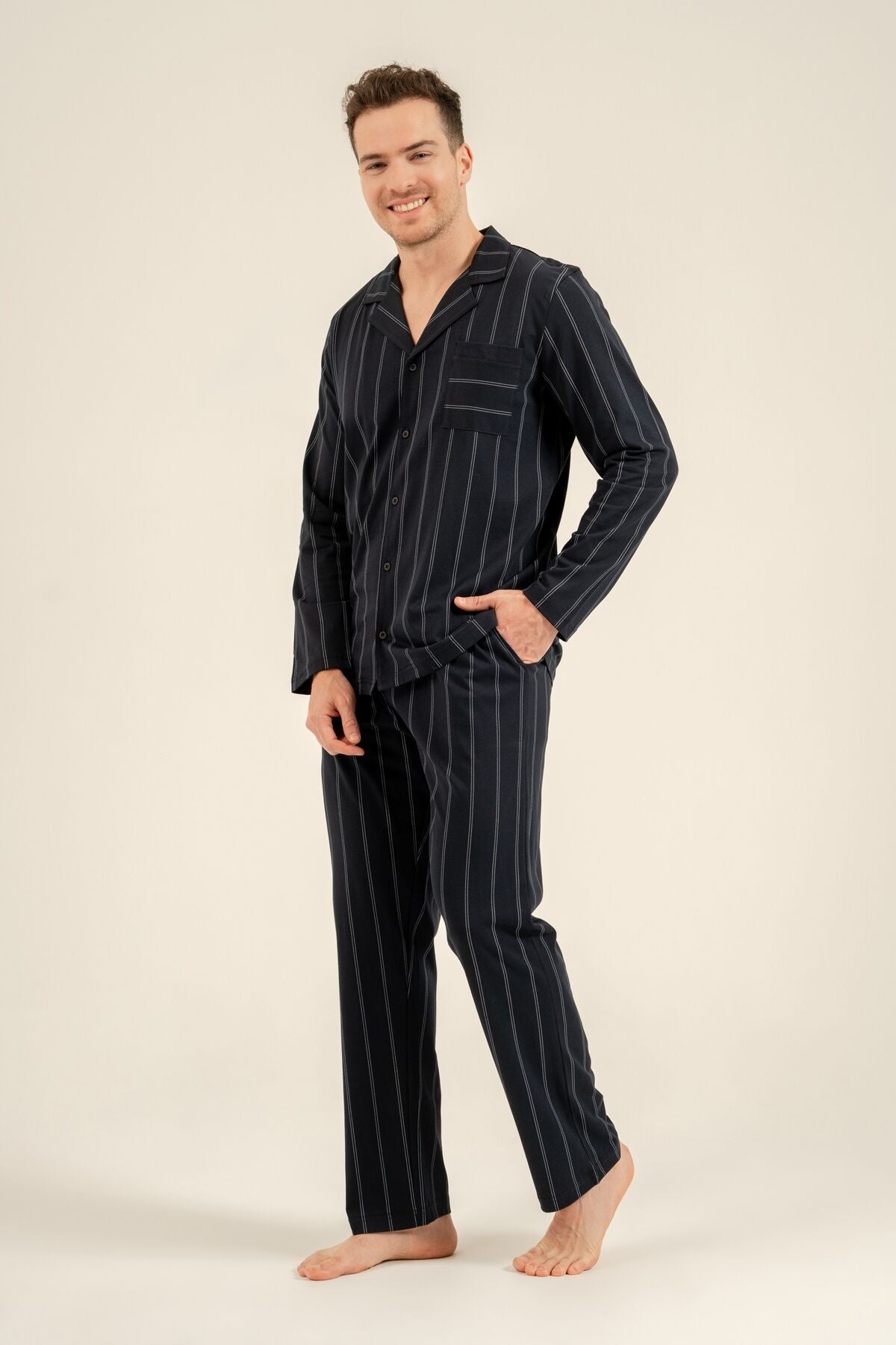Arnetta Erkek Lacivert Çizgili Gömlek Pijama Takımı AR3830-S-V1