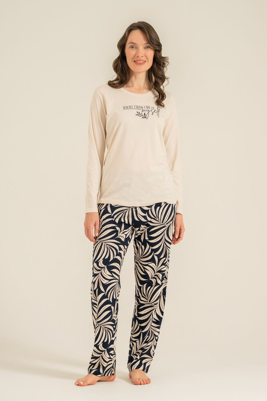 Arnetta Kadın Care Yourself Krem Uzun Kol Pijama Takım AR3738-S-V2