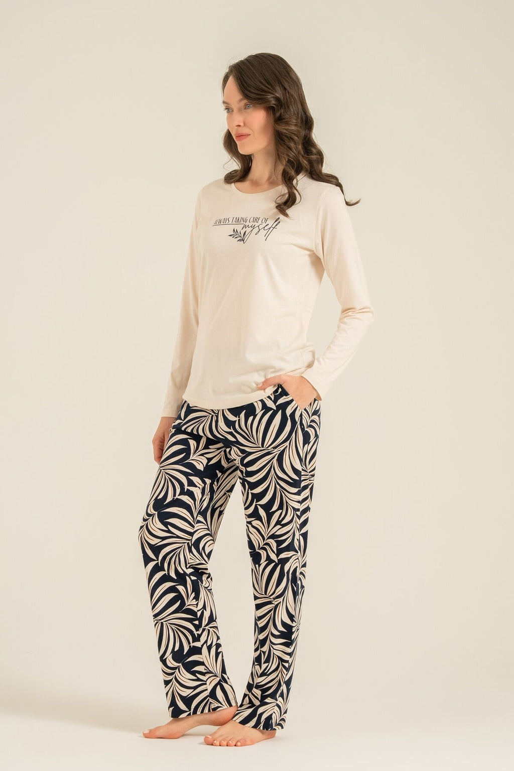 Arnetta Kadın Care Yourself Krem Uzun Kol Pijama Takım AR3738-S-V2