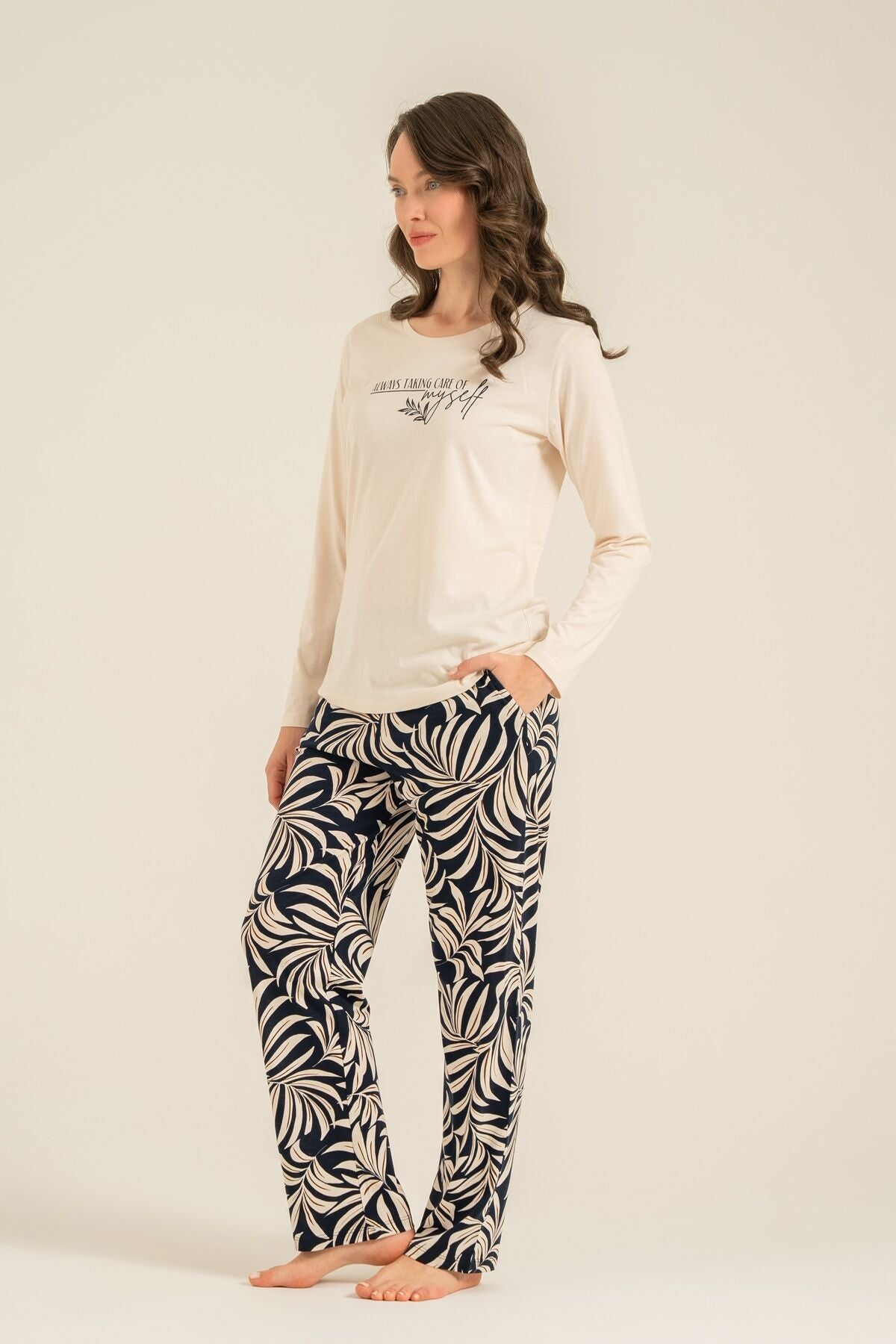 Arnetta Kadın Care Yourself Krem Uzun Kol Pijama Takım AR3738-S-V2