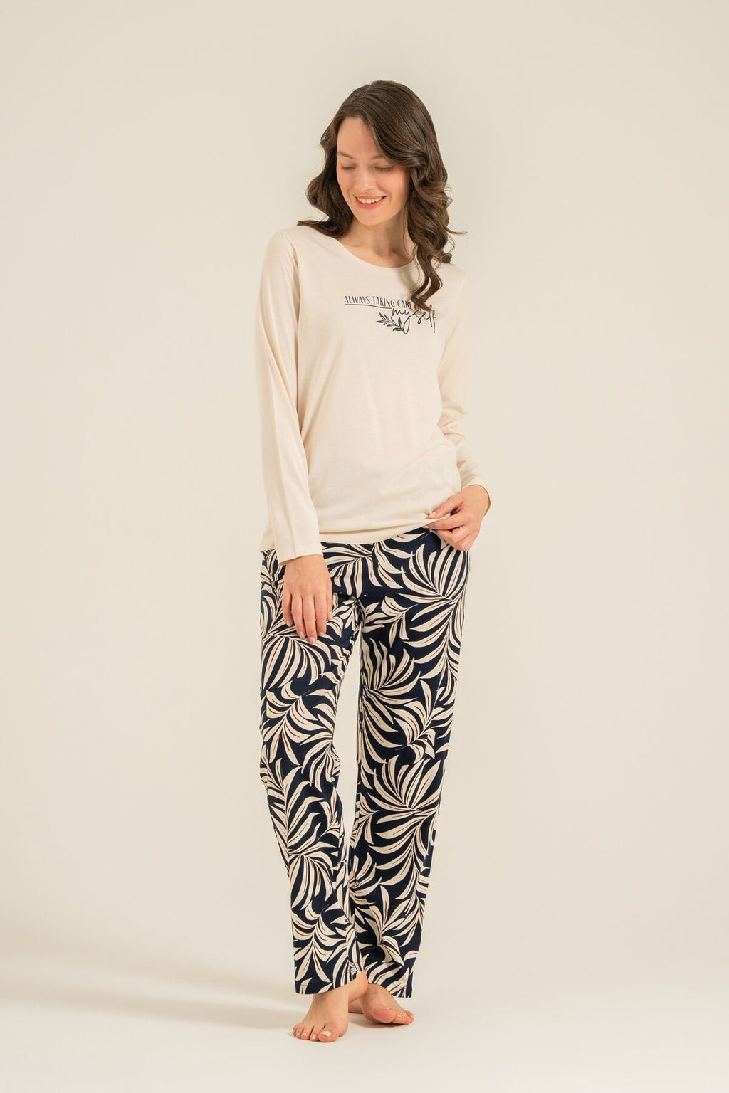 Arnetta Kadın Care Yourself Krem Uzun Kol Pijama Takım AR3738-S-V2