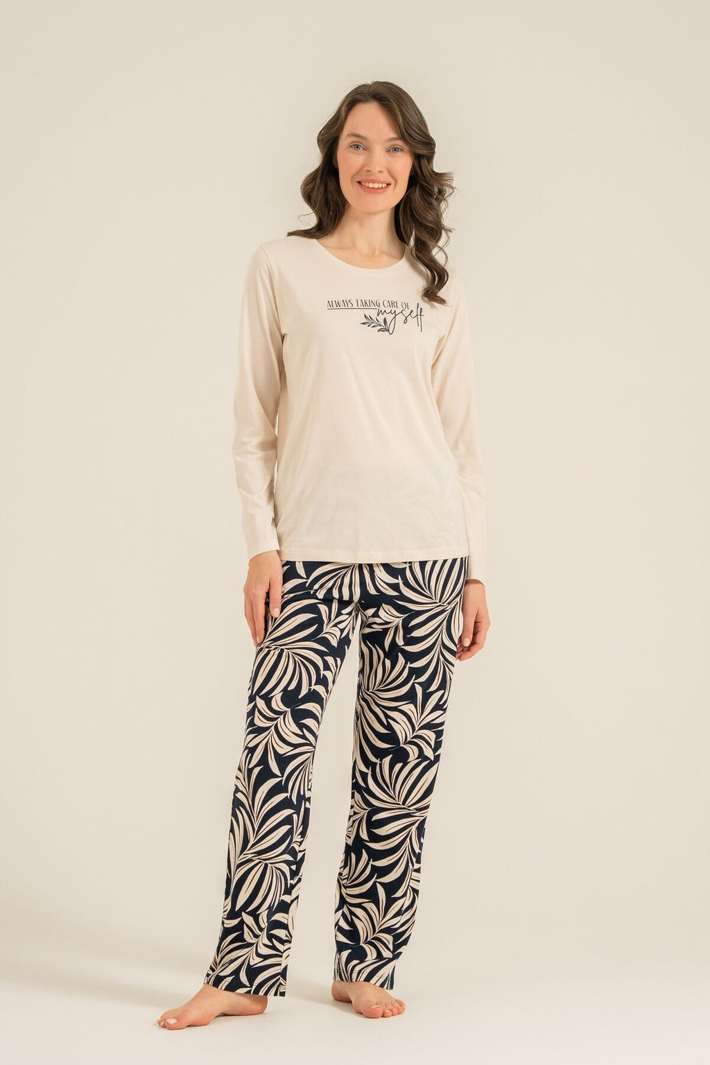 Arnetta Kadın Care Yourself Krem Uzun Kol Pijama Takım AR3738-S-V2