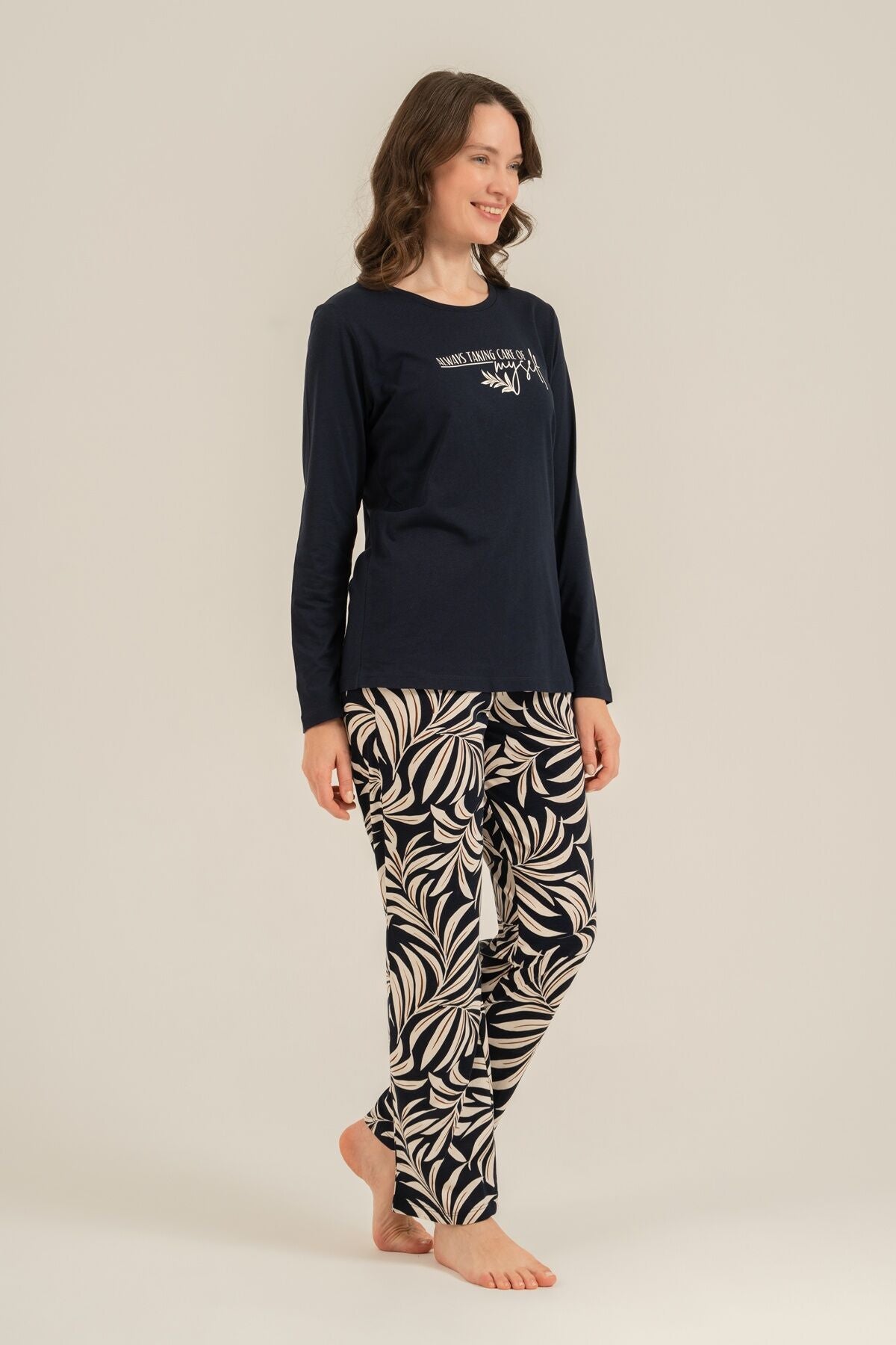 Arnetta Kadın Care Yourself Lacivert Uzun Kol Pijama Takım AR3738-S-V1