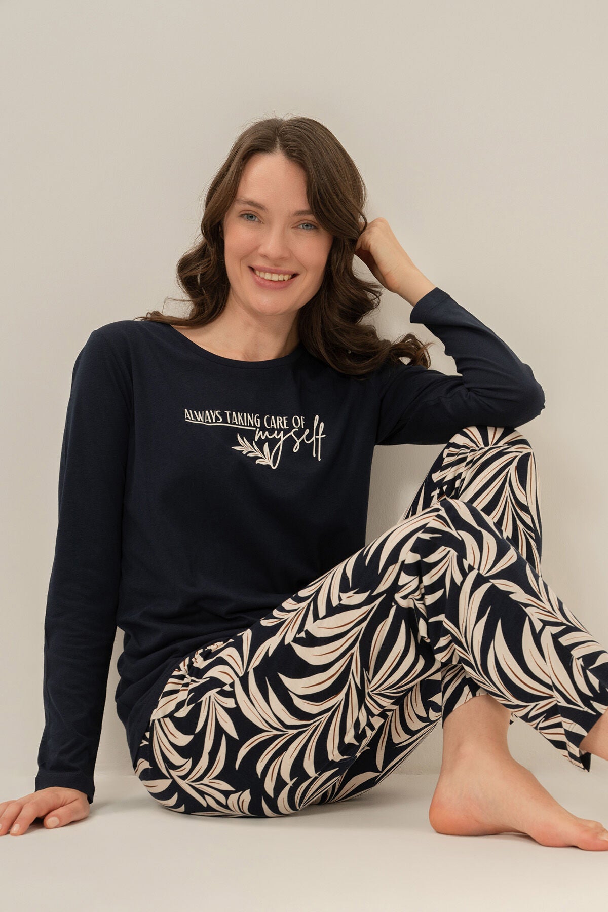 Arnetta Kadın Care Yourself Lacivert Uzun Kol Pijama Takım AR3738-S-V1