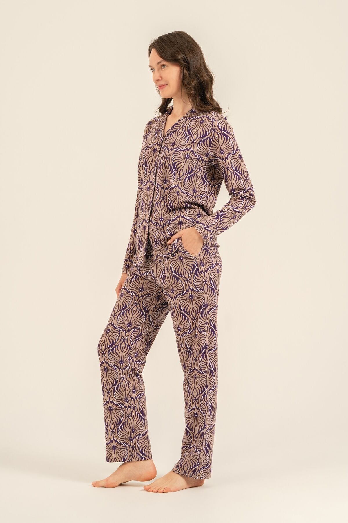 Arnetta Kadın Çiçek Desenli Kahverengi Gömlek Pijama Takımı AR3771-S-V1