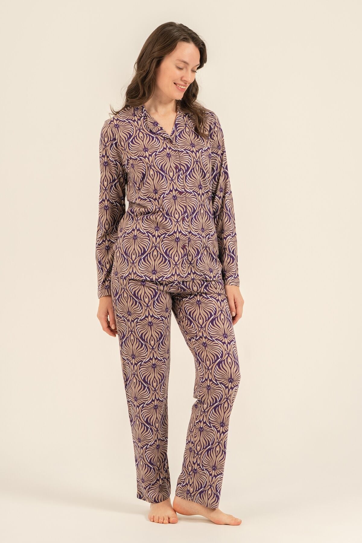Arnetta Kadın Çiçek Desenli Kahverengi Gömlek Pijama Takımı AR3771-S-V1
