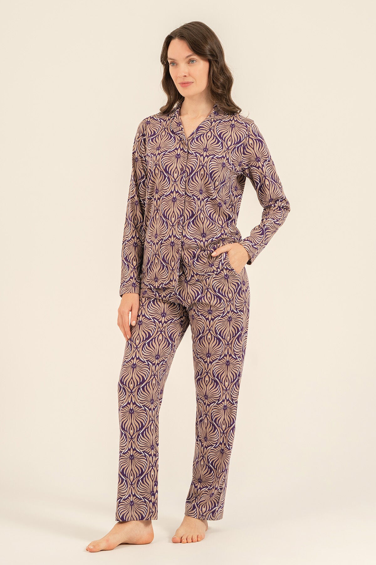 Arnetta Kadın Çiçek Desenli Kahverengi Gömlek Pijama Takımı AR3771-S-V1