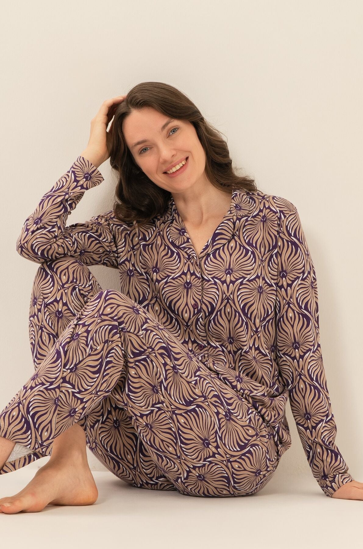 Arnetta Kadın Çiçek Desenli Kahverengi Gömlek Pijama Takımı AR3771-S-V1