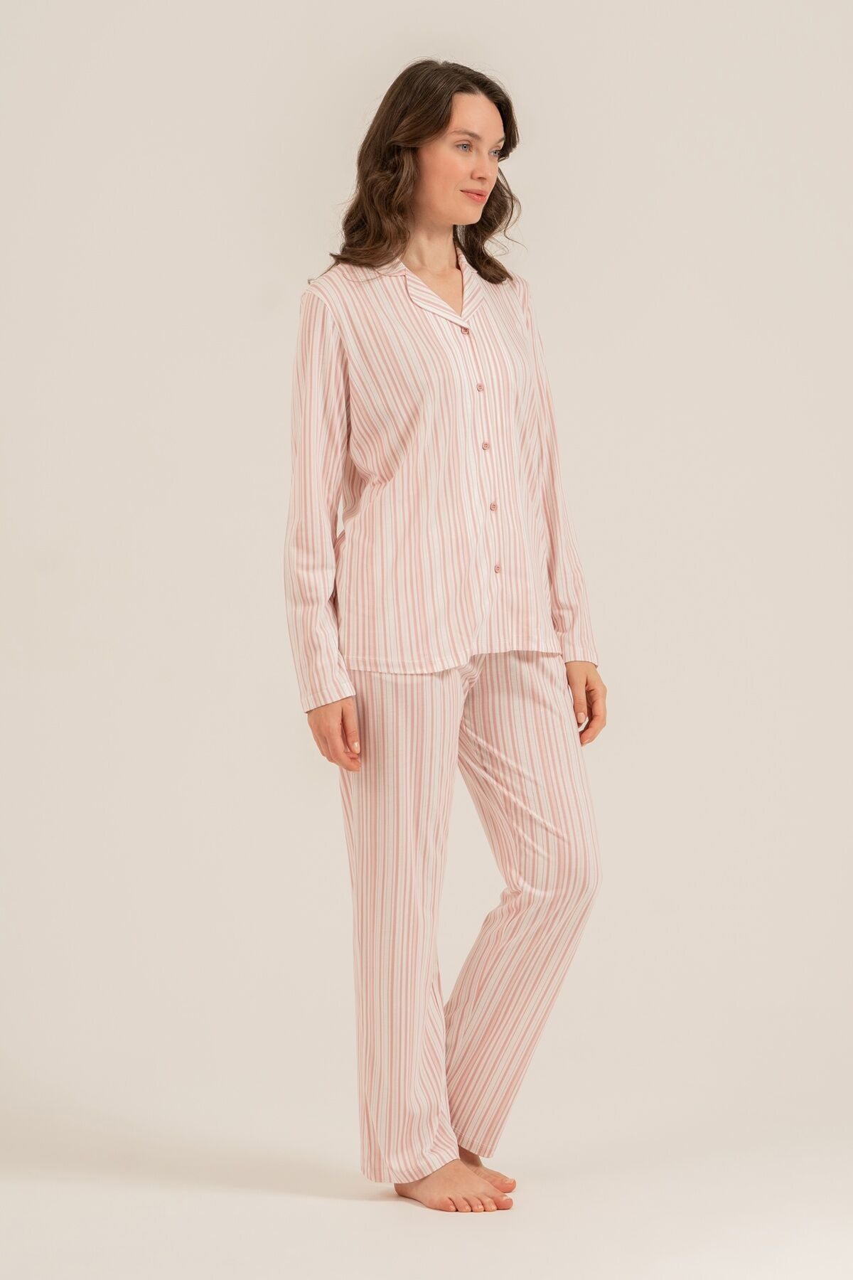 Arnetta Kadın Çizgili Pembe Gömlek Pijama Takımı AR3755-S-V1