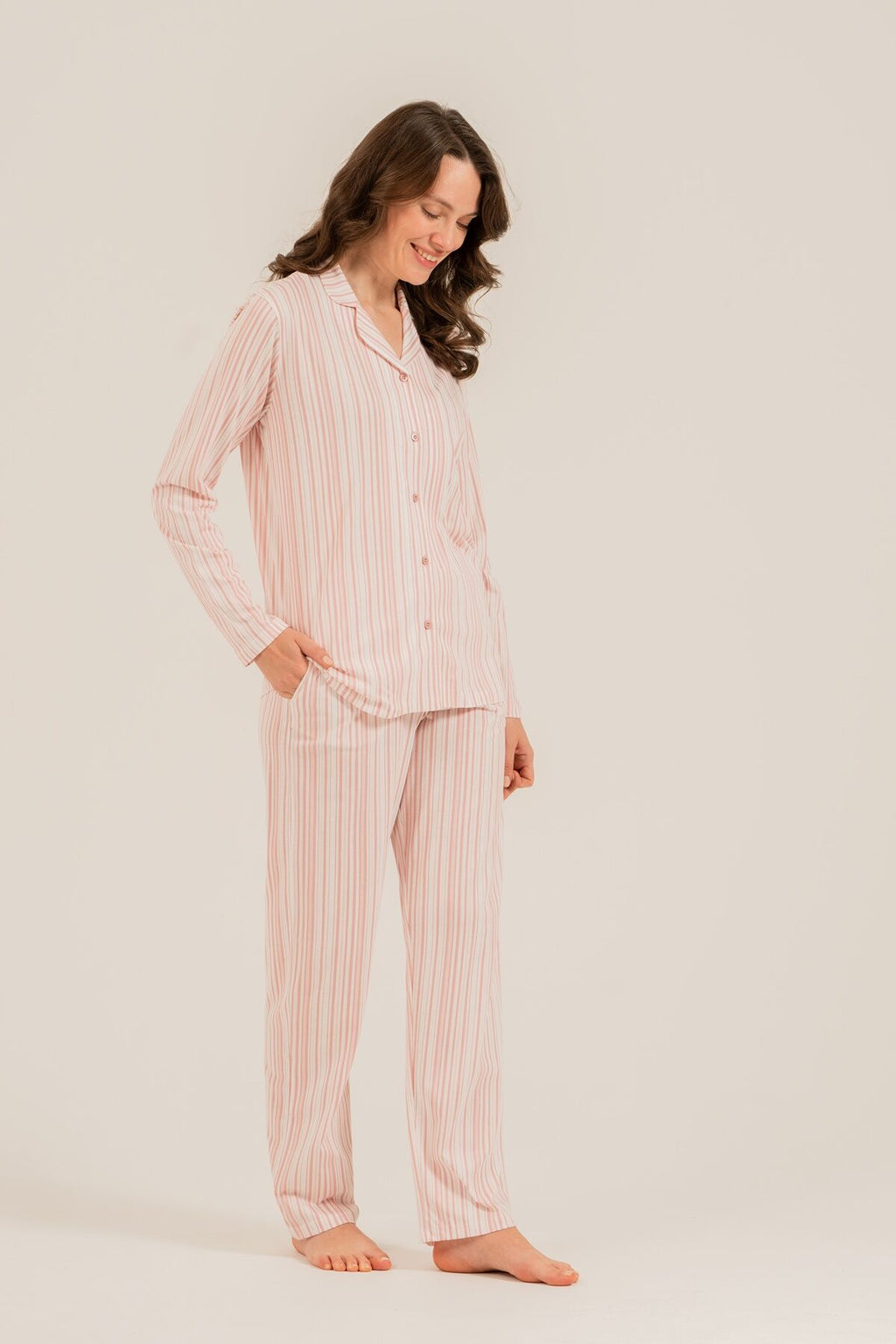 Arnetta Kadın Çizgili Pembe Gömlek Pijama Takımı AR3755-S-V1