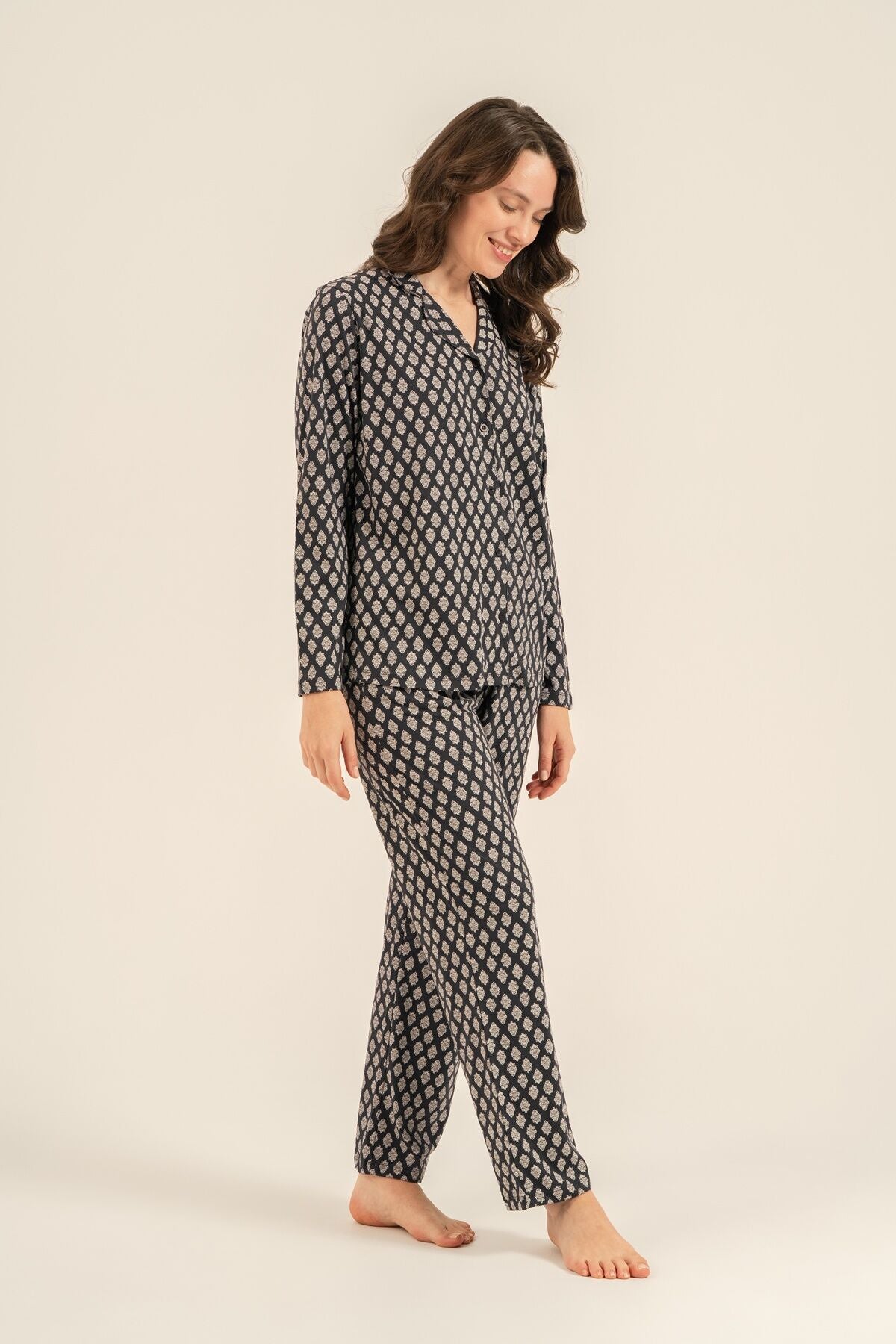 Arnetta Kadın Desenli Antrasit Gömlek Pijama Takımı AR3750-S-V1