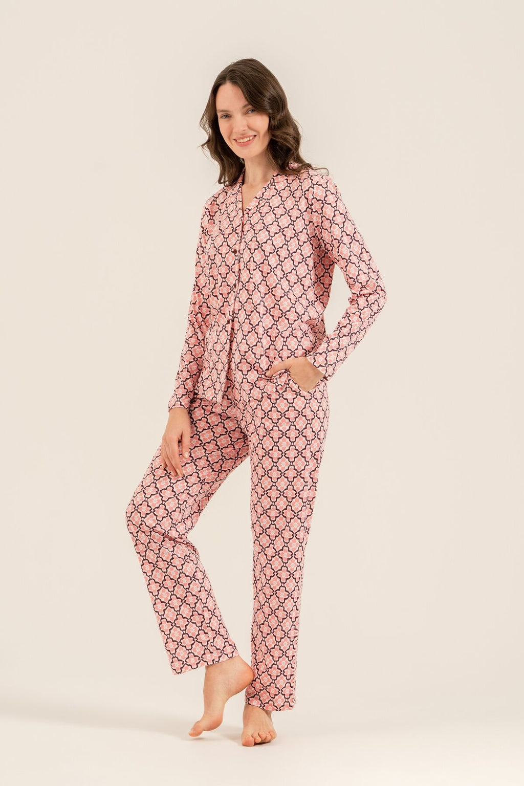 Arnetta Kadın Flowers Desenli Pembe Gömlek Pijama Takımı AR3761-S-V1