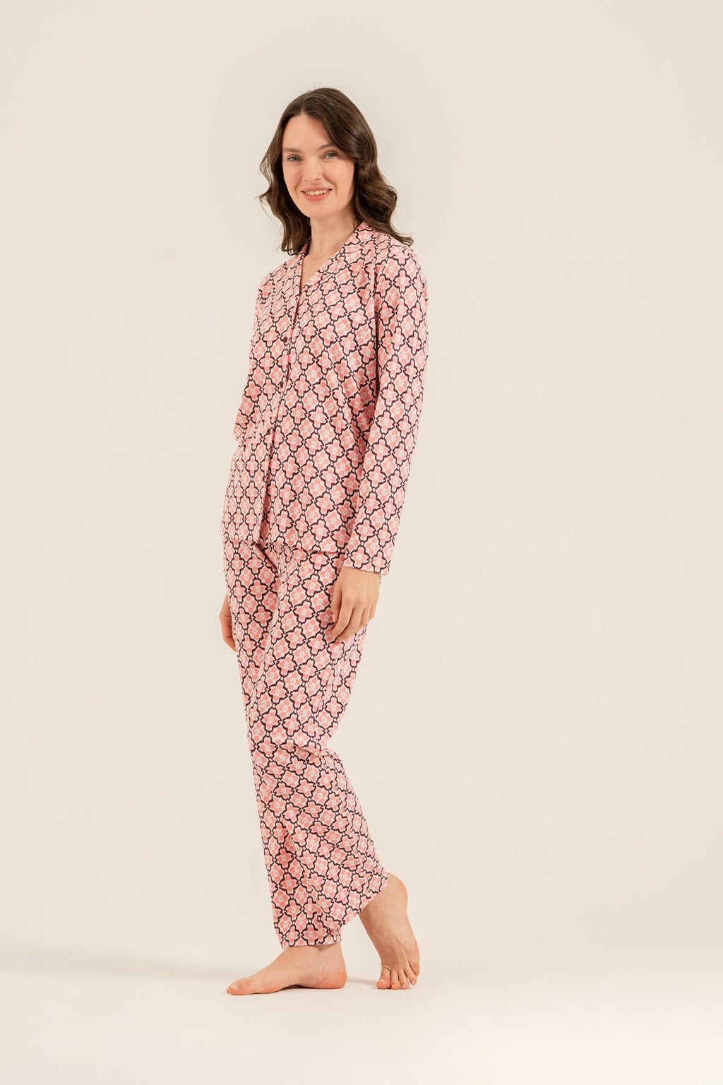 Arnetta Kadın Flowers Desenli Pembe Gömlek Pijama Takımı AR3761-S-V1