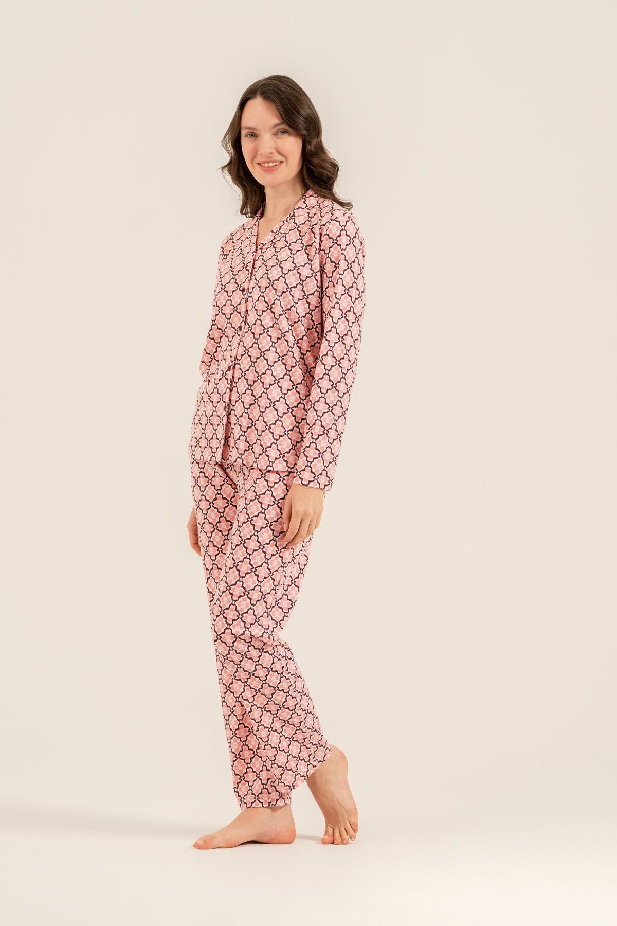 Arnetta Kadın Flowers Desenli Pembe Gömlek Pijama Takımı AR3761-S-V1
