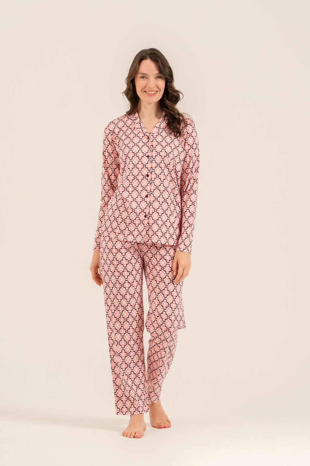 Arnetta Kadın Flowers Desenli Pembe Gömlek Pijama Takımı AR3761-S-V1