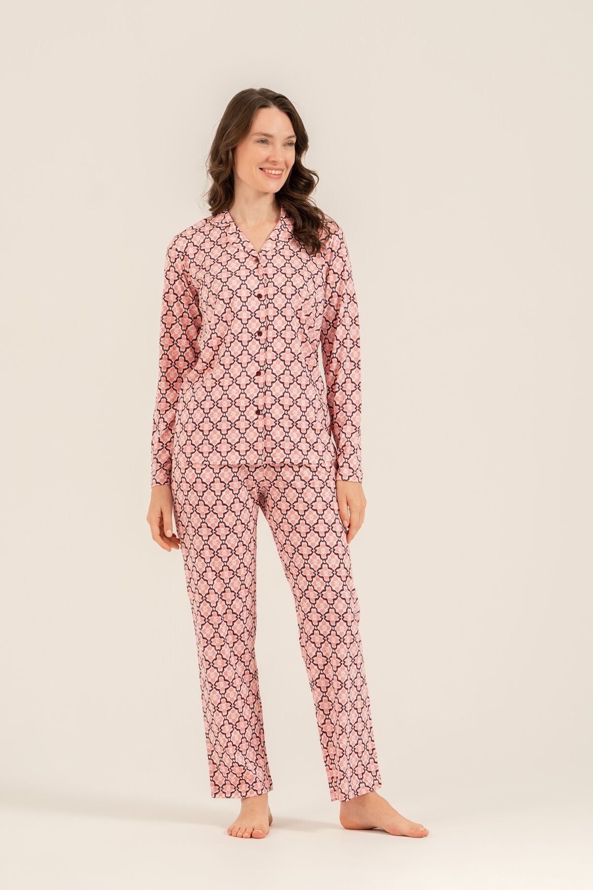 Arnetta Kadın Flowers Desenli Pembe Gömlek Pijama Takımı AR3761-S-V1 Ürün ikincil görseli