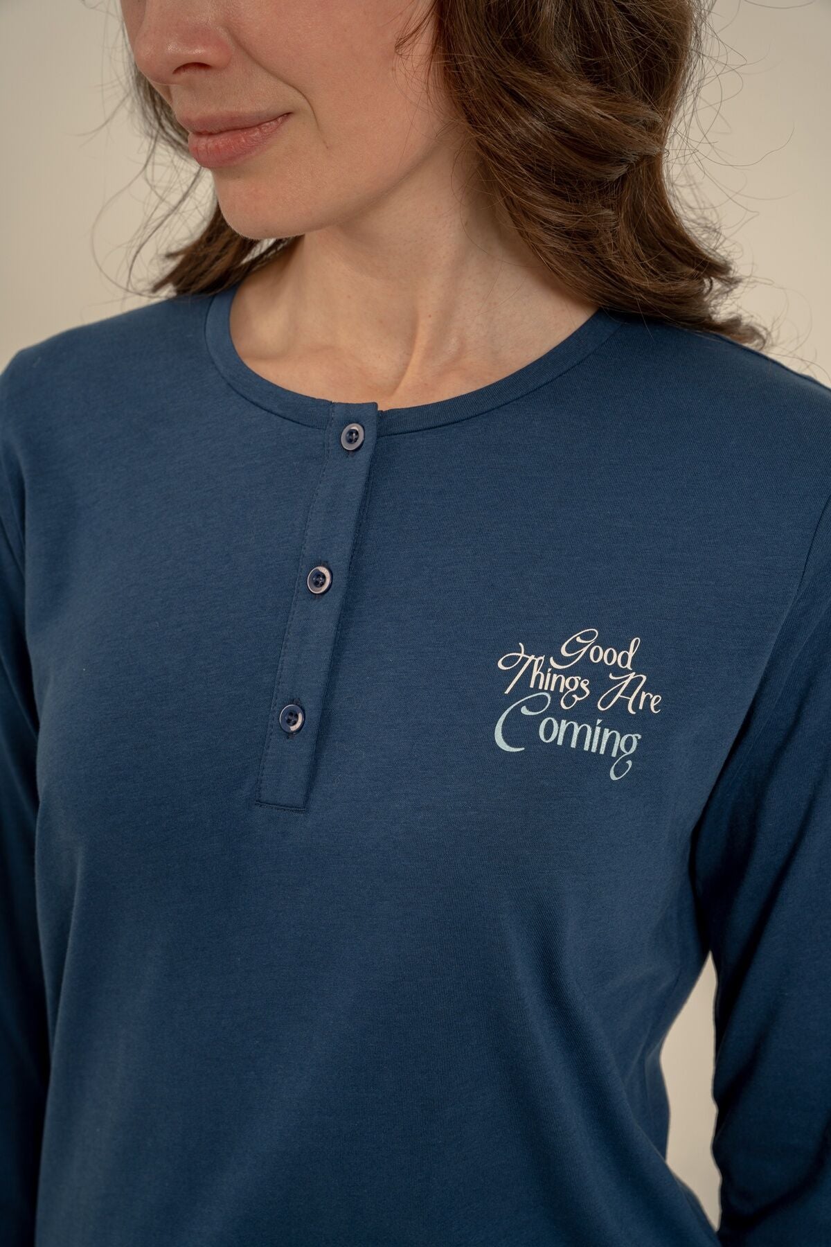 Arnetta Kadın Good Things Are Coming Lacivert Uzun Kol Pijama Takım AR3765-S-V1