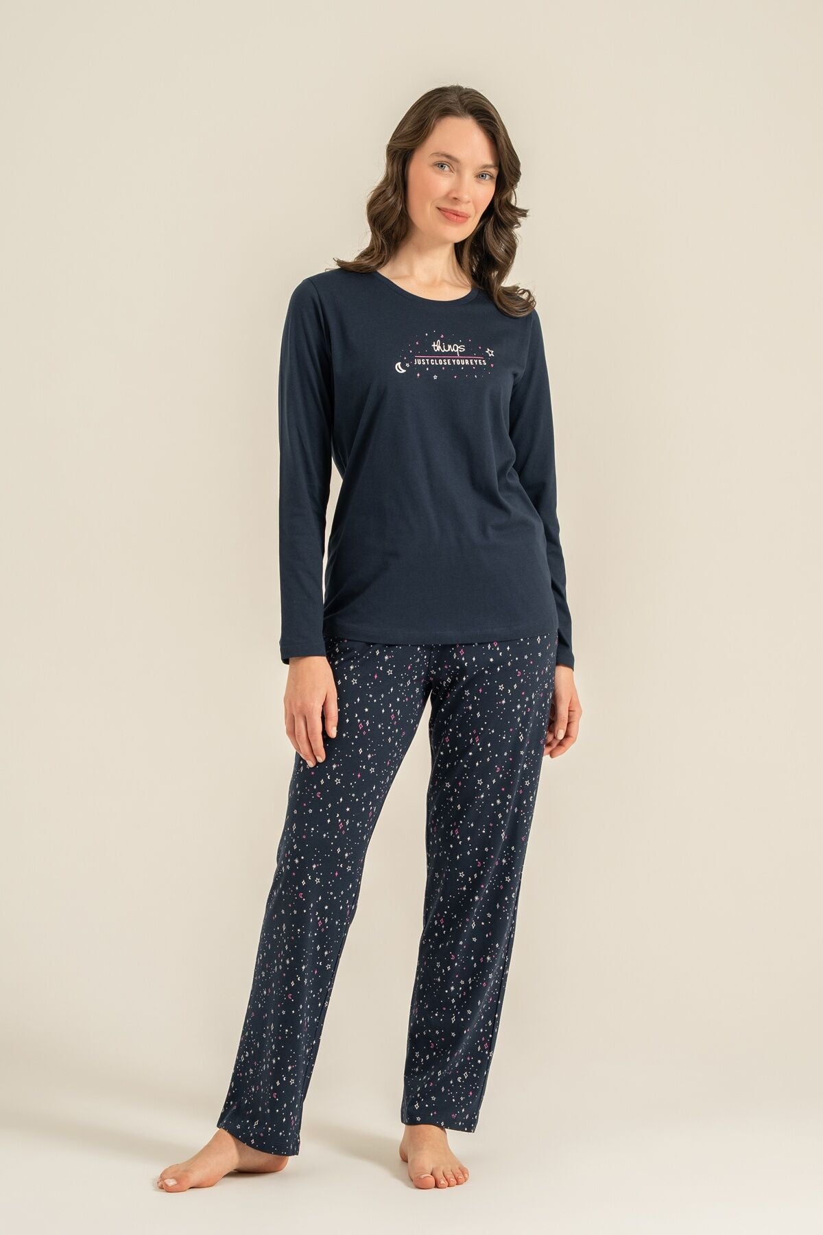 Arnetta Kadın Just Close Your Eyes Lacivert Uzun Kol Pijama Takım AR3774-S-V2
