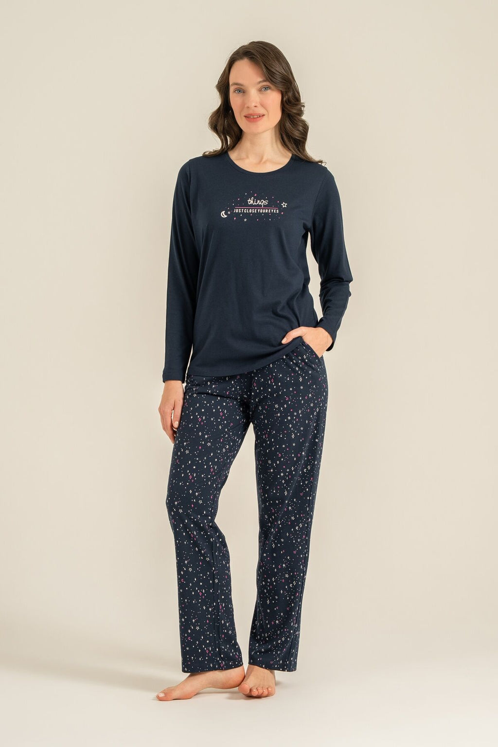 Arnetta Kadın Just Close Your Eyes Lacivert Uzun Kol Pijama Takım AR3774-S-V2