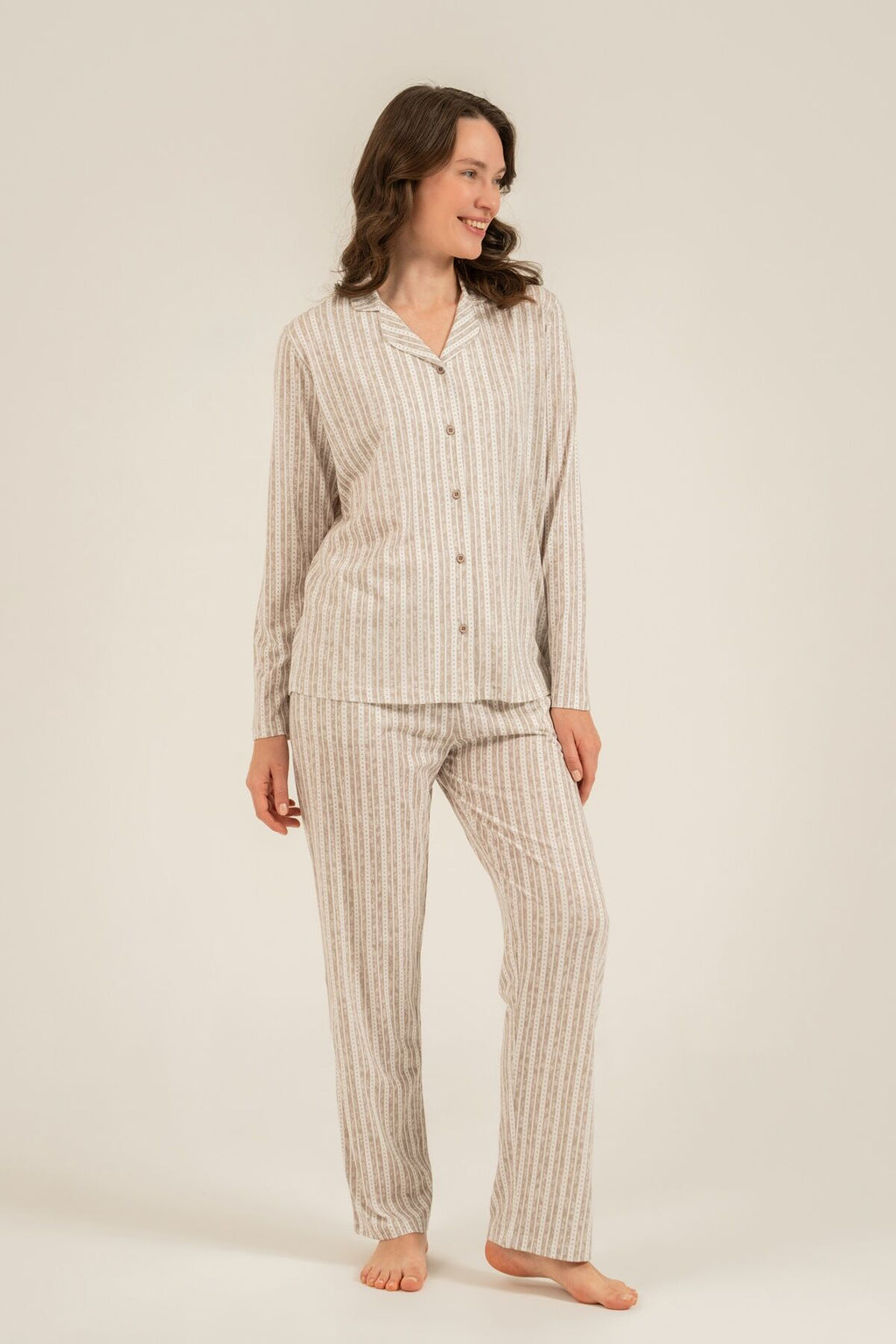 Arnetta Kadın Kahverengi Çizgili Gömlek Pijama Takımı AR3780-S-V2