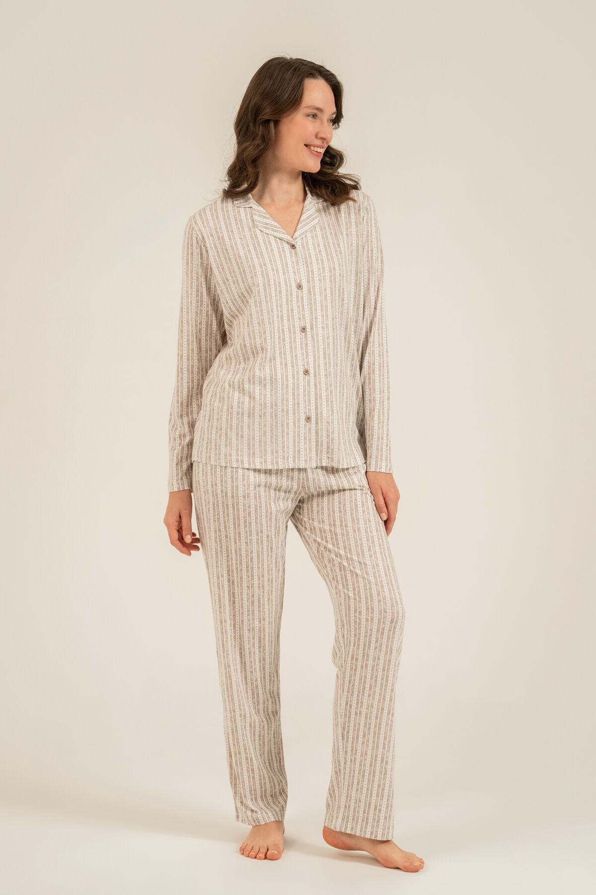 Arnetta Kadın Kahverengi Çizgili Gömlek Pijama Takımı AR3780-S-V2