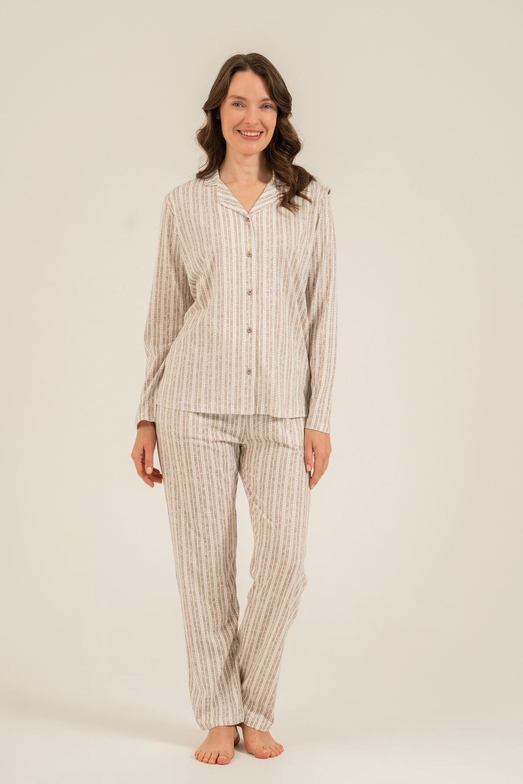 Arnetta Kadın Kahverengi Çizgili Gömlek Pijama Takımı AR3780-S-V2