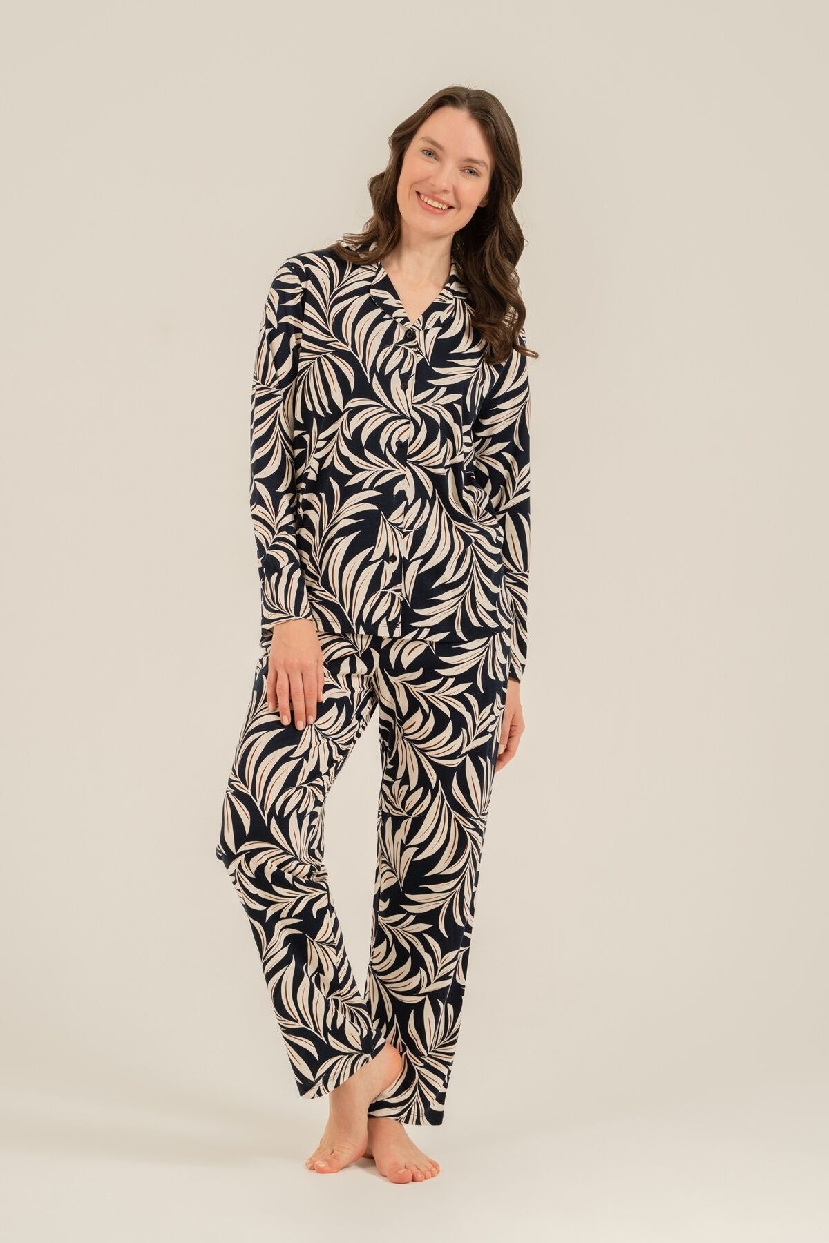 Arnetta Kadın Lacivert Çiçek Desenli Gömlek Pijama Takımı AR3739-S-V1