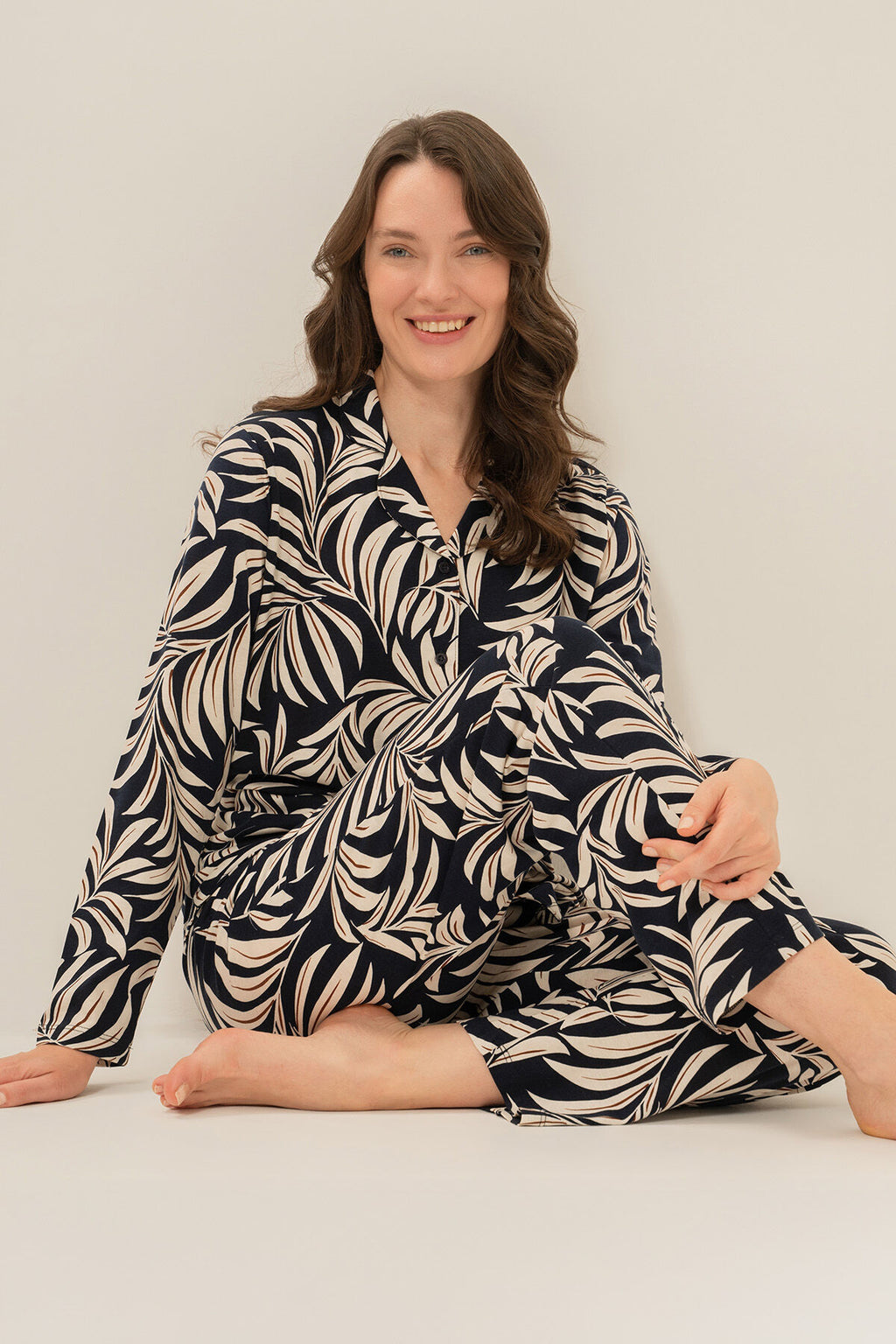 Arnetta Kadın Lacivert Çiçek Desenli Gömlek Pijama Takımı AR3739-S-V1