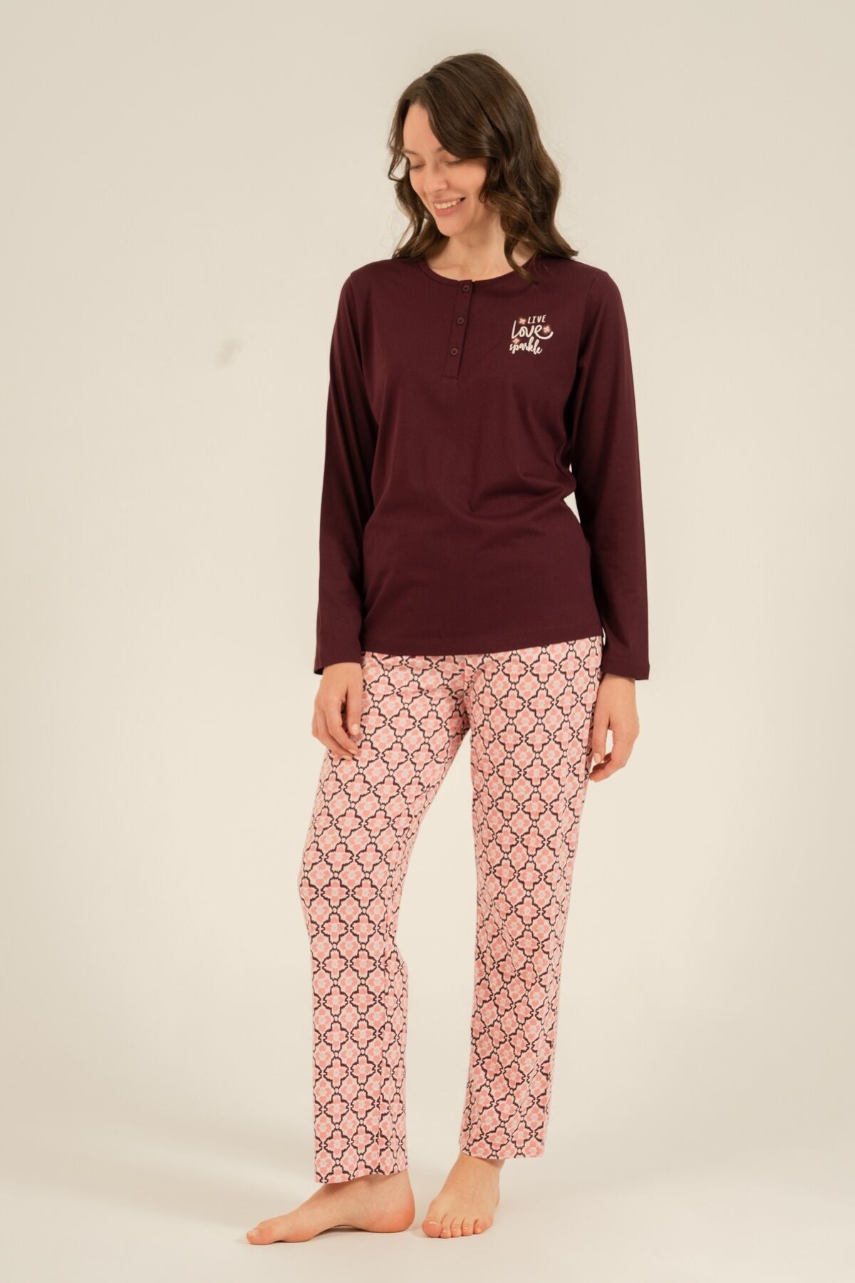 Arnetta Kadın Live Love Sparkle Mor Uzun Kol Pijama Takım AR3760-S-V1
