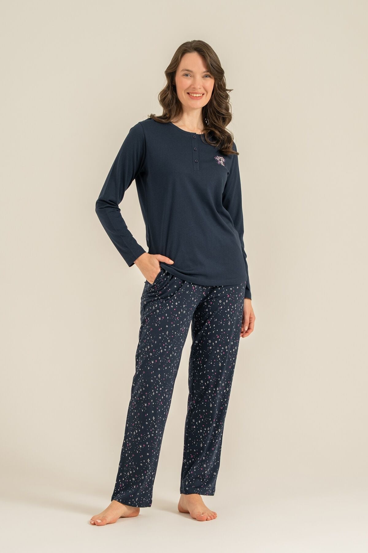Arnetta Kadın Shine Bright Little Star Lacivert Uzun Kol Pijama Takım AR3775-S-V2