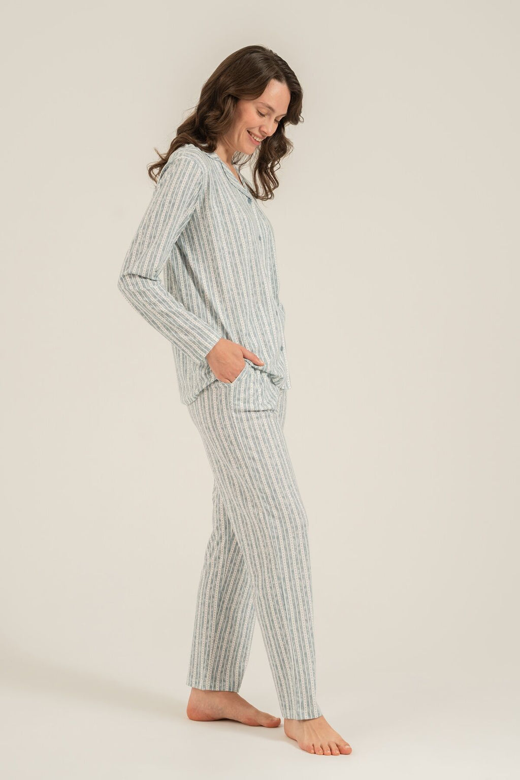 Arnetta Kadın Yeşil Çizgili Gömlek Pijama Takımı AR3780-S-V1