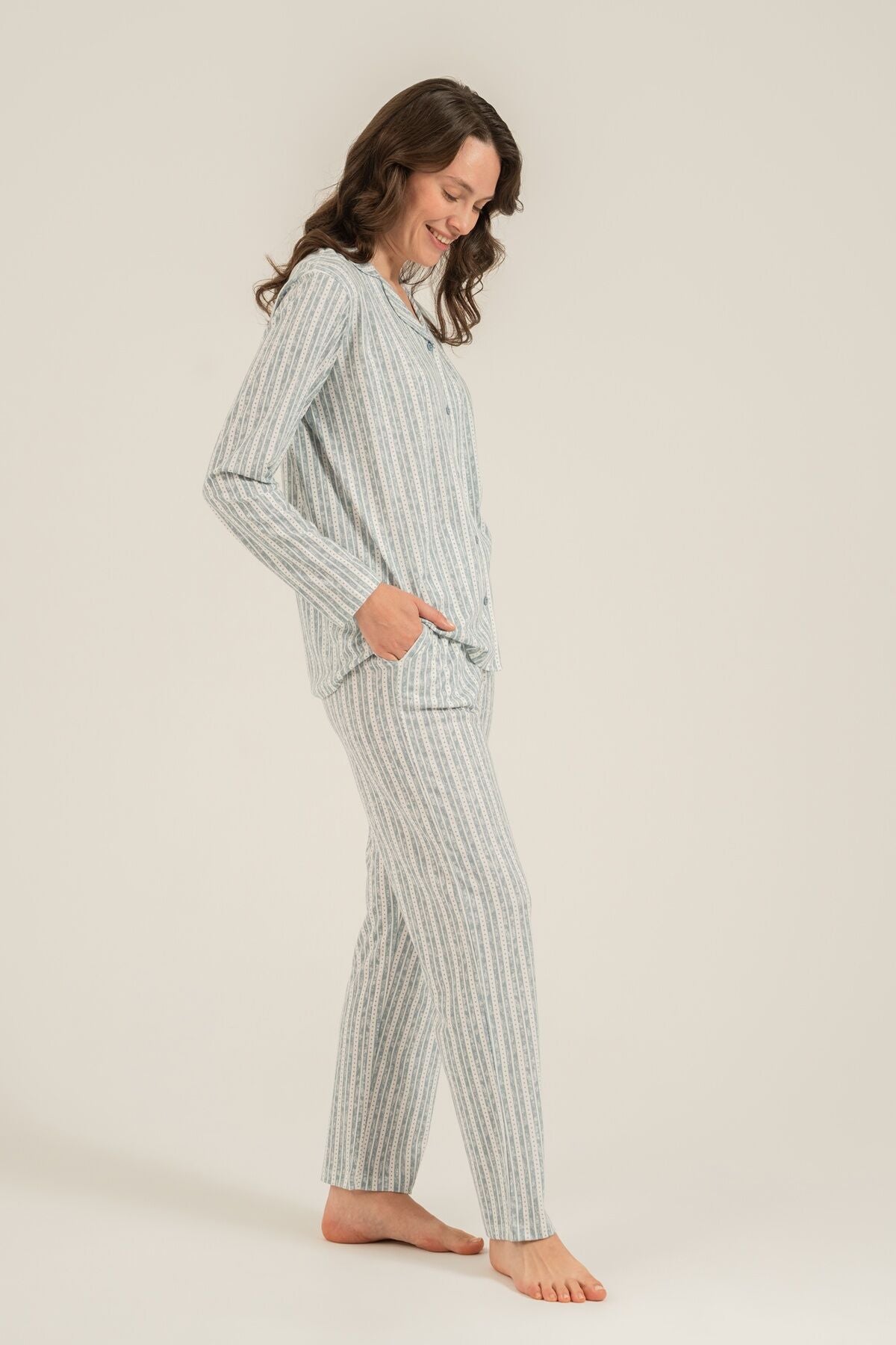 Arnetta Kadın Yeşil Çizgili Gömlek Pijama Takımı AR3780-S-V1