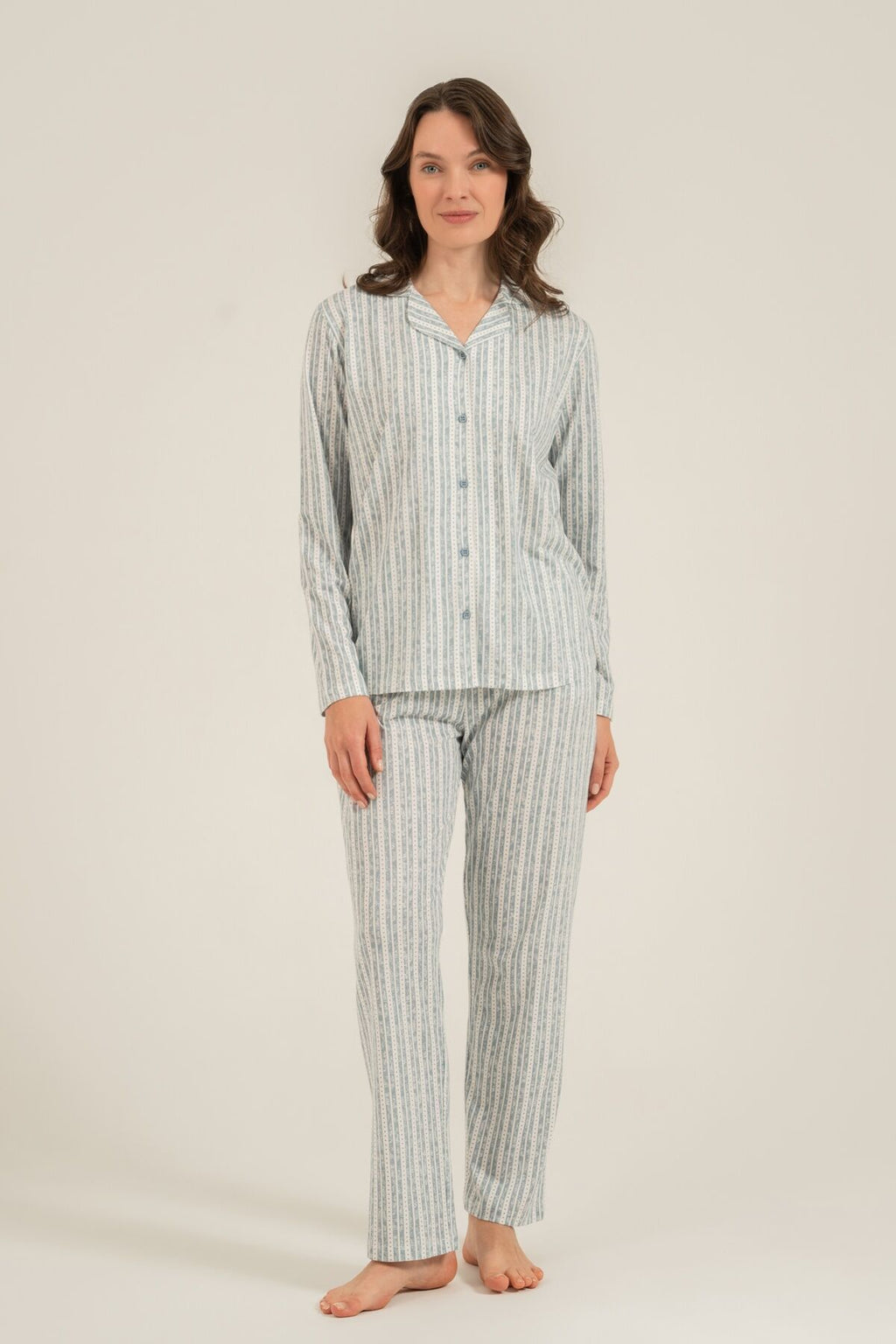 Arnetta Kadın Yeşil Çizgili Gömlek Pijama Takımı AR3780-S-V1
